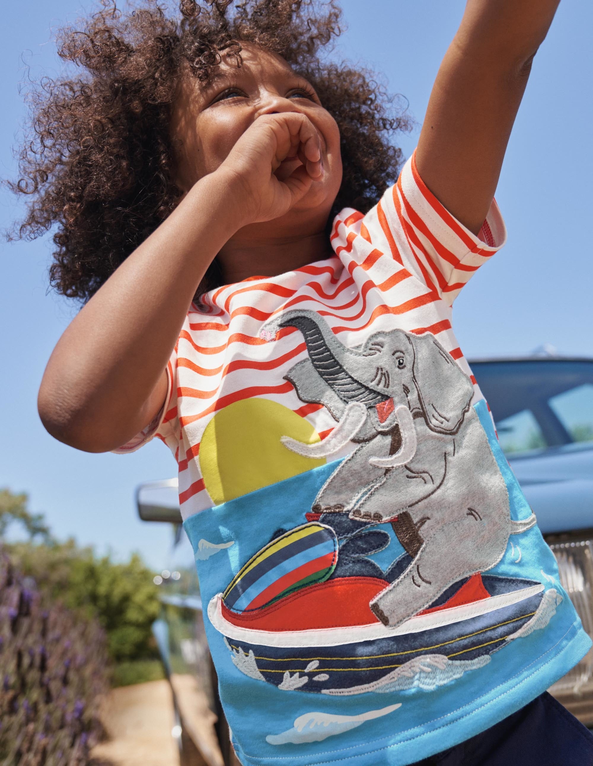 Stripy Animal Appliqué T-shirt-Ivory/Mandarin Orange Elephant - Image 4