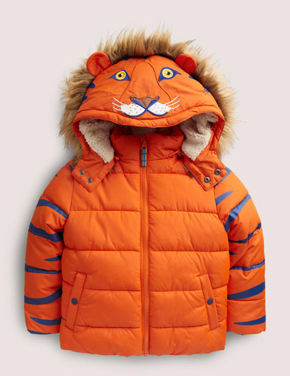 Orange Tiger Hood Waterproof Puffer Jacket-Mandarin Orange Tiger