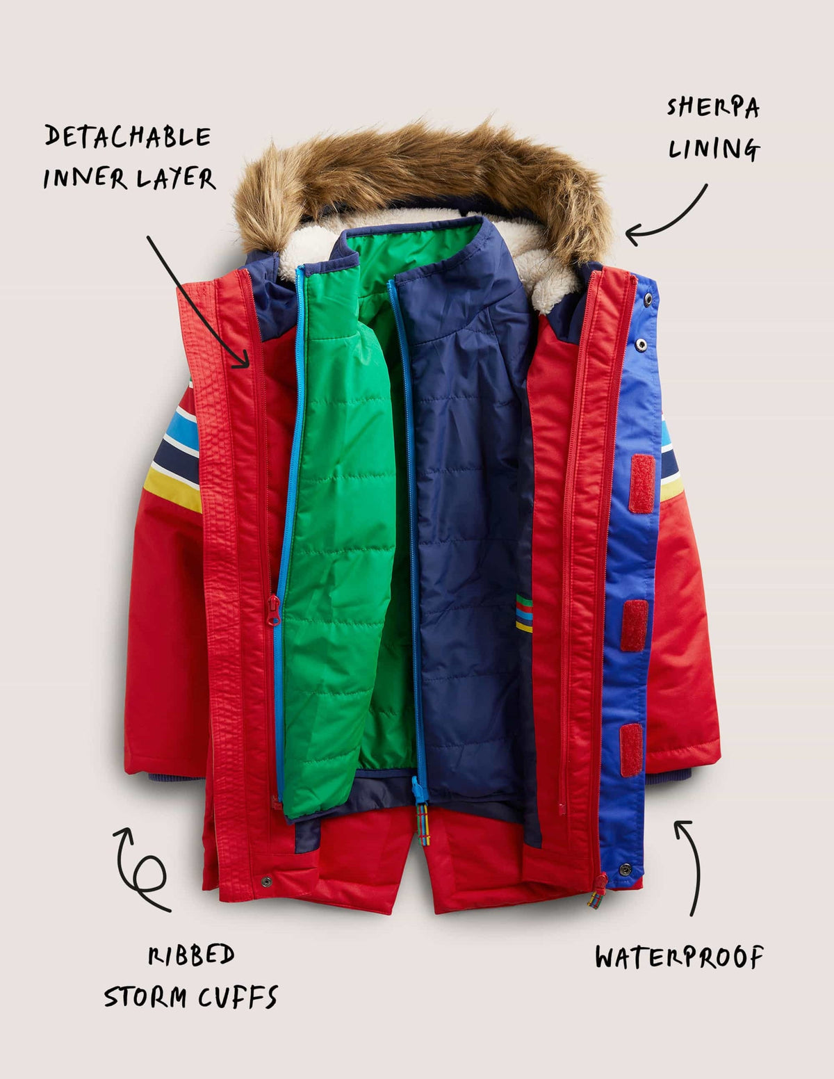 Red Rainbow 4-in-1 Waterproof Parka-Rockabilly Red Rainbow-6