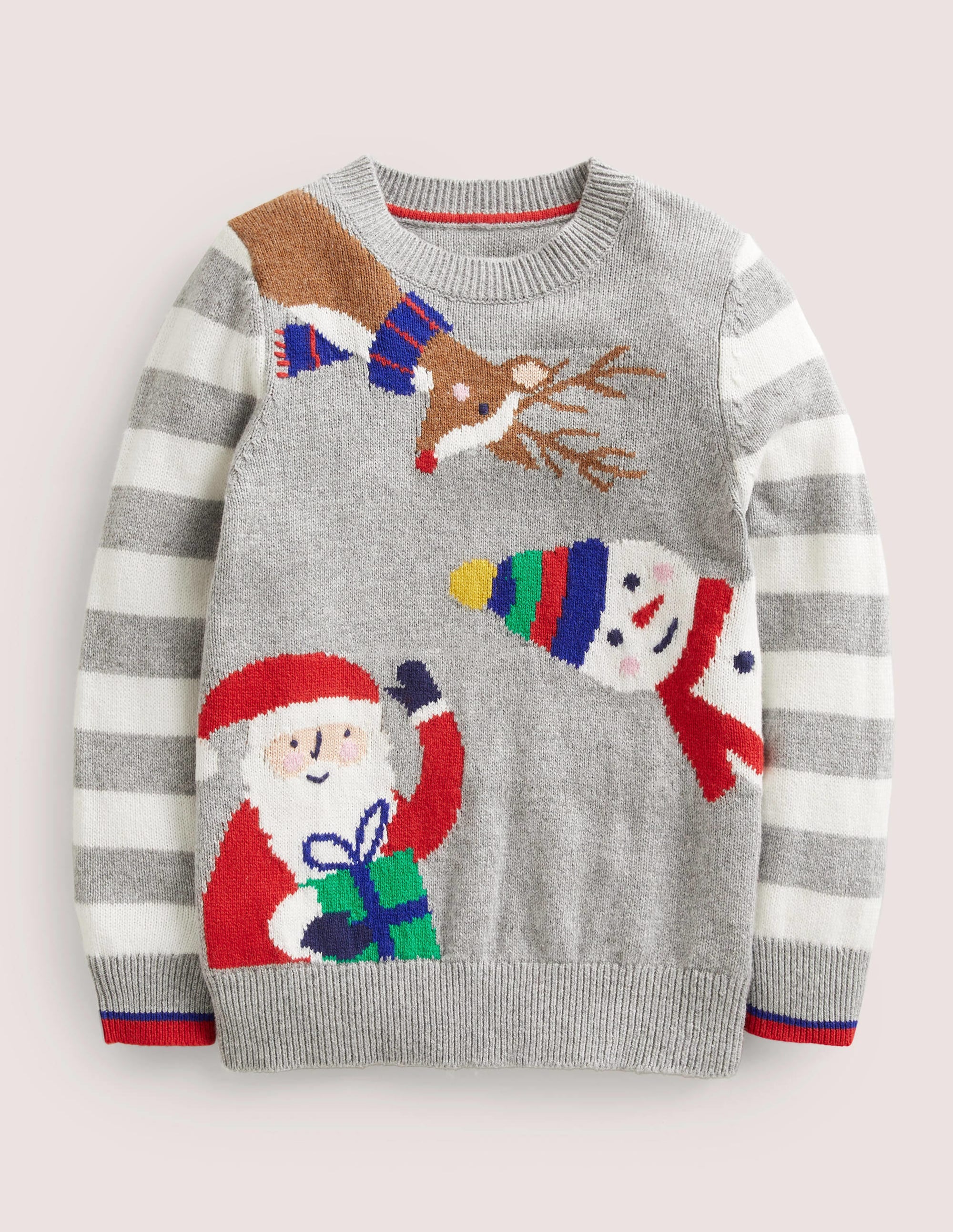 Grey Stripe Festive Christmas Sweater-Grey Marl Festive Friends - Image 1