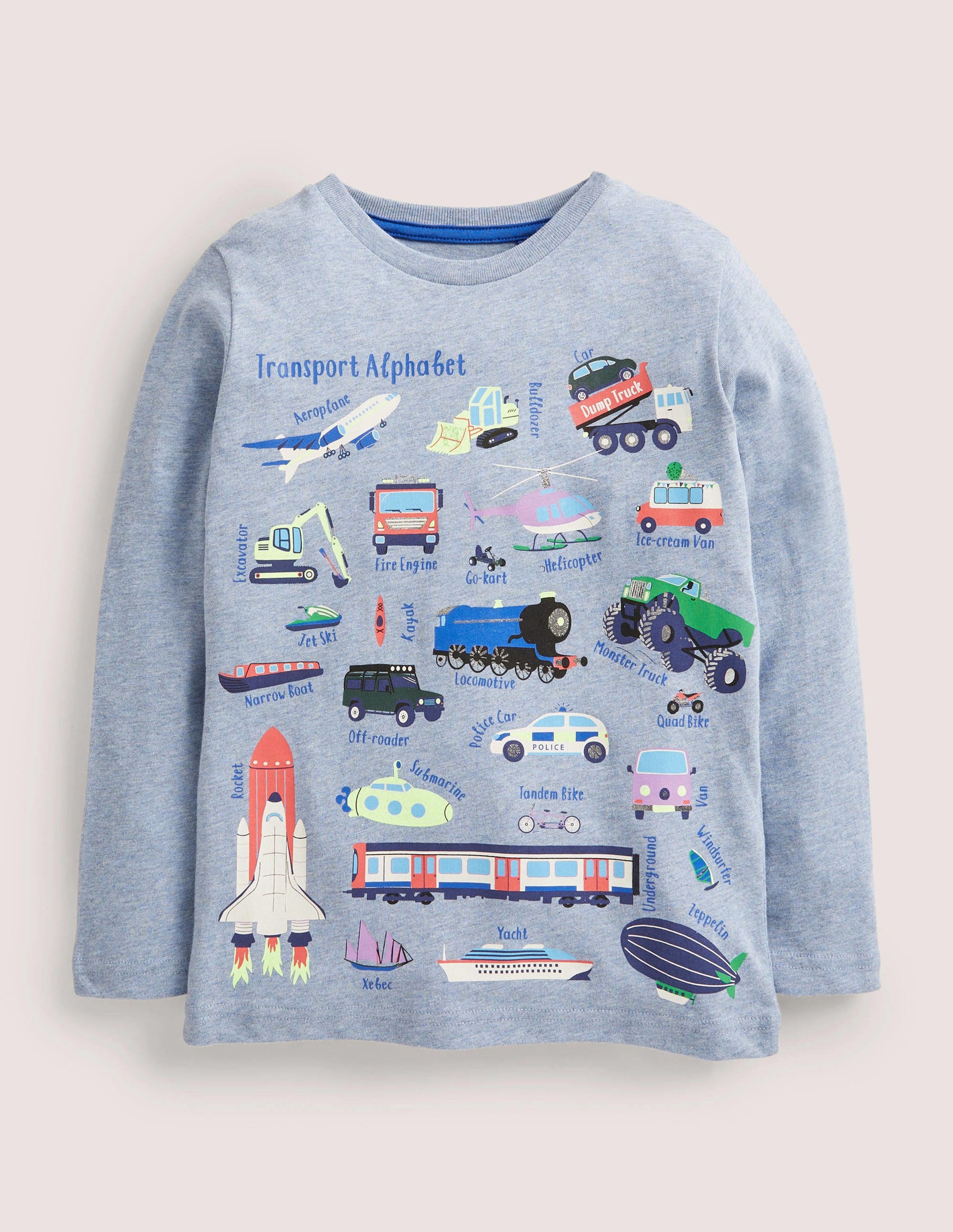 Long Sleeved Graphic T-shirt-Blue Marl Transport-1