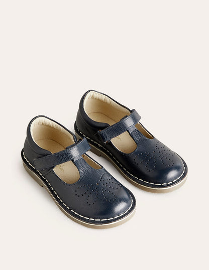 Leather T-bar Flats-Navy