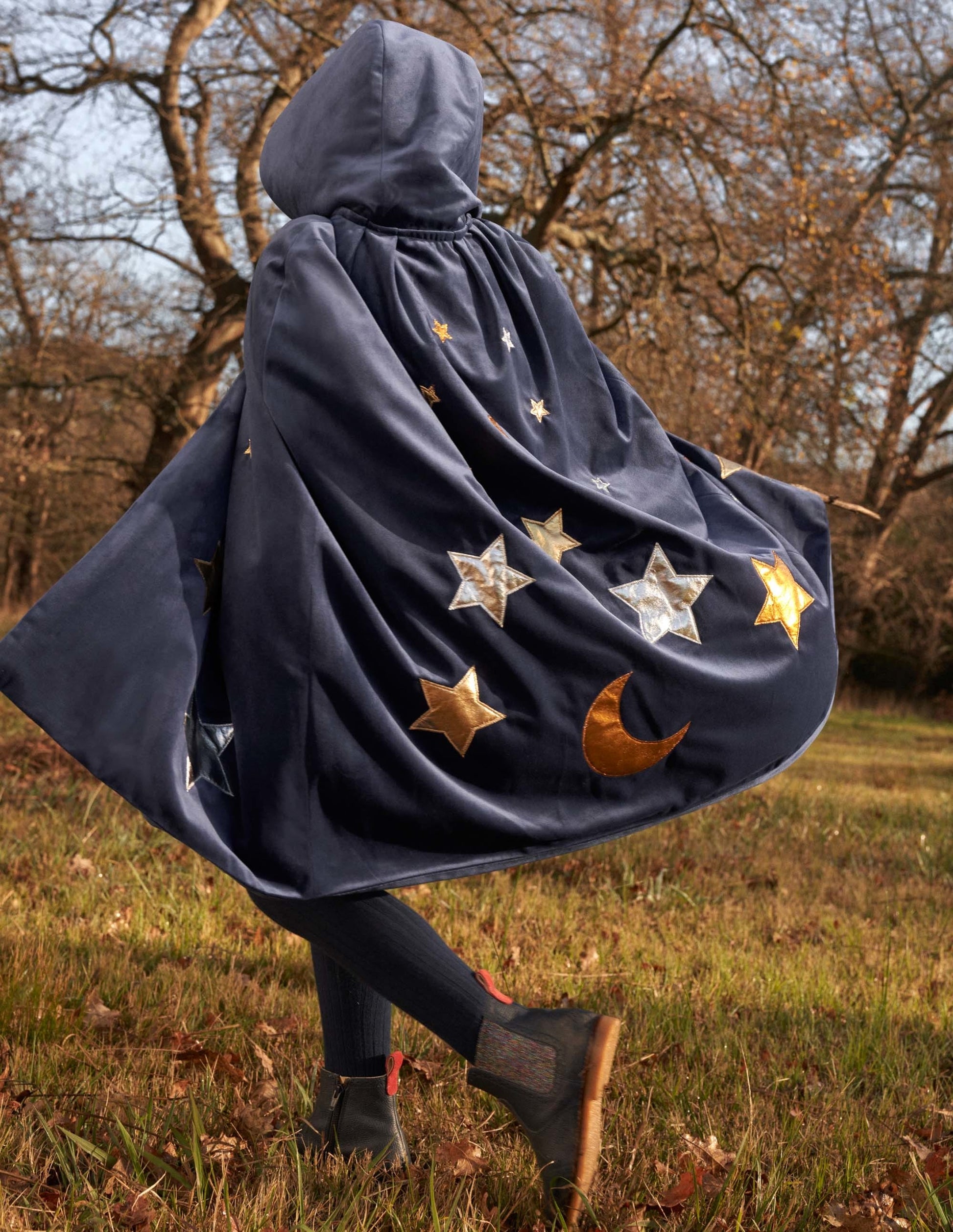 Navy Embroidered Stars Velvet Halloween Cape-College Navy-5