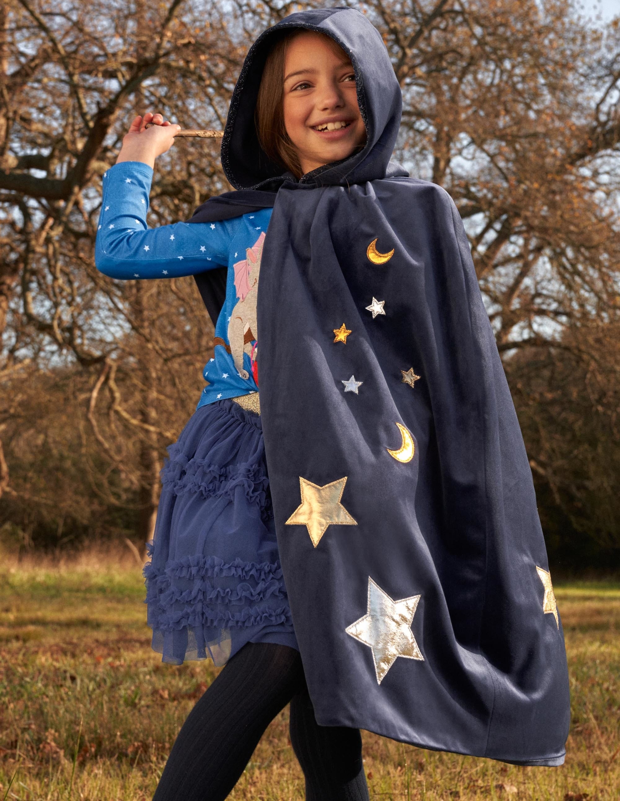 Navy Embroidered Stars Velvet Halloween Cape-College Navy - Image 6