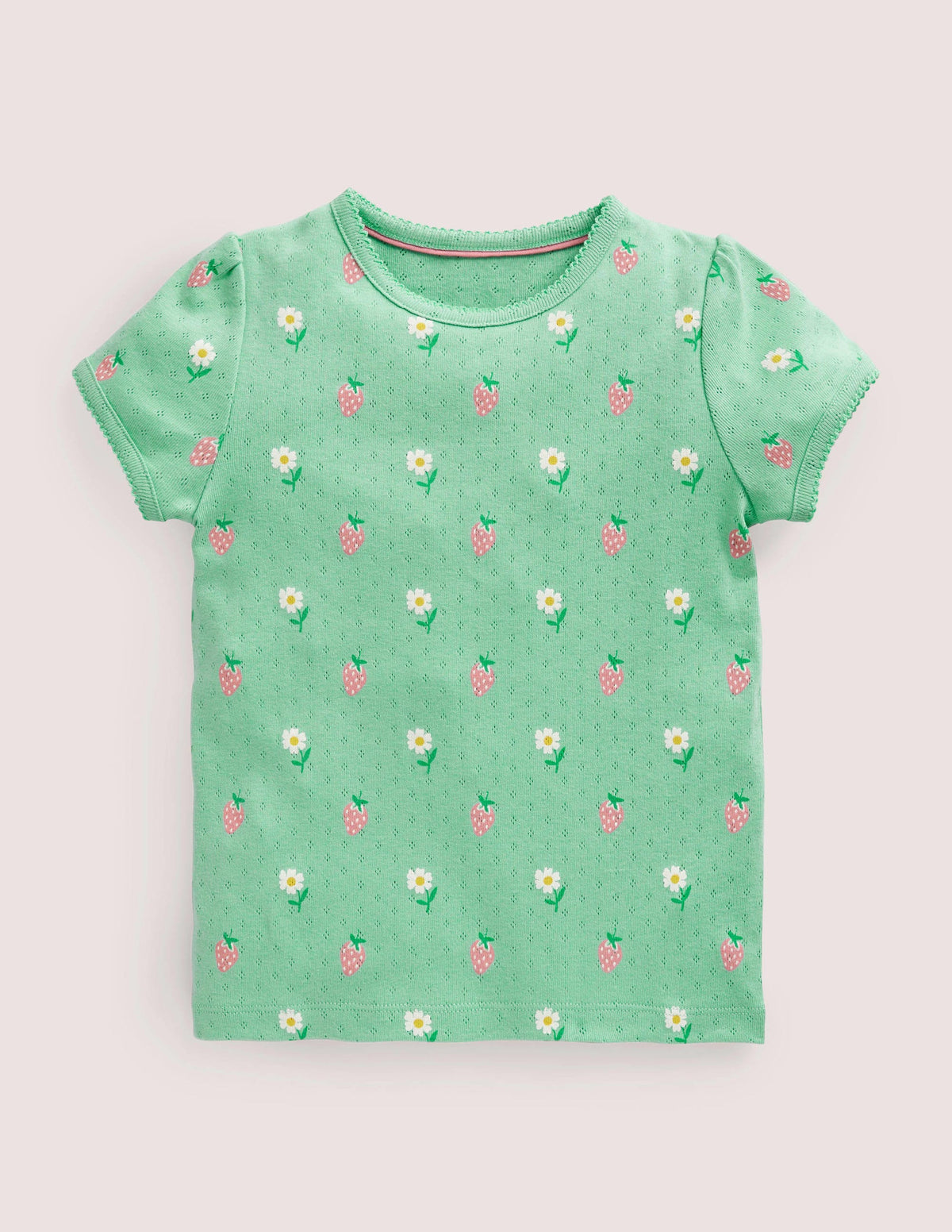Short-Sleeved Pointelle Top-Green Daisies/Strawberries-1