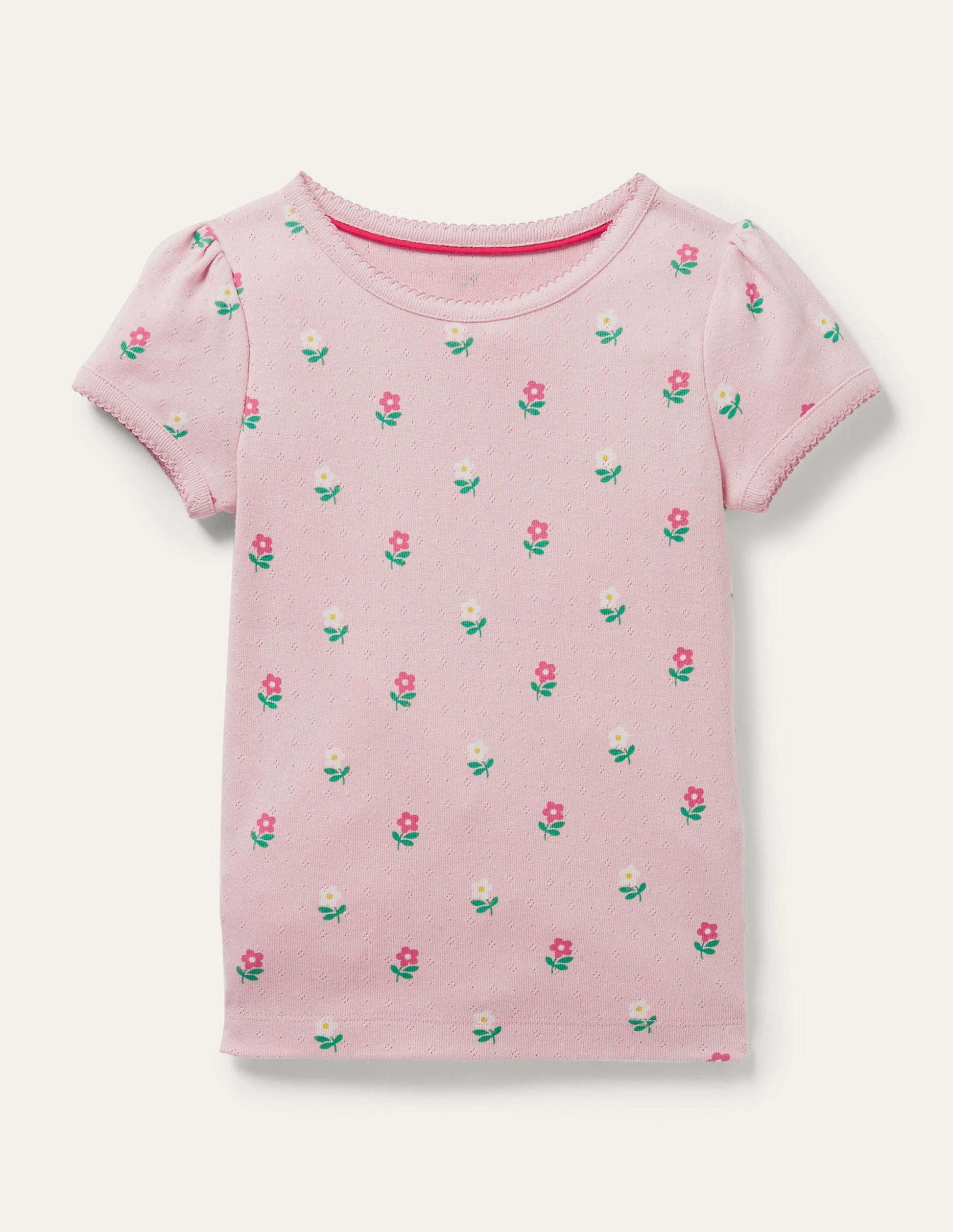 Short-Sleeved Pointelle Top-Boto Pink Little Flowers-1