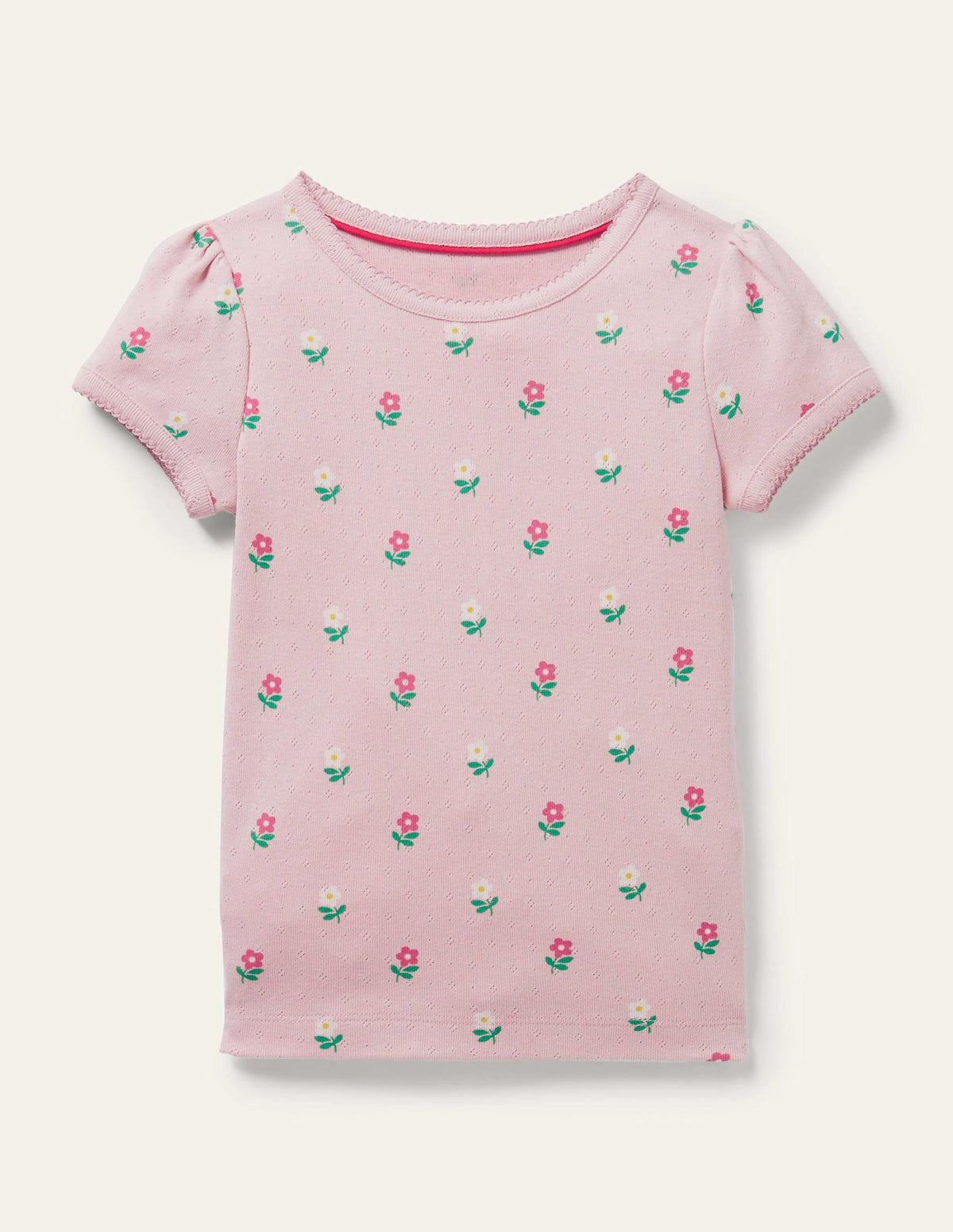 Short-Sleeved Pointelle Top-Boto Pink Little Flowers - Image 1