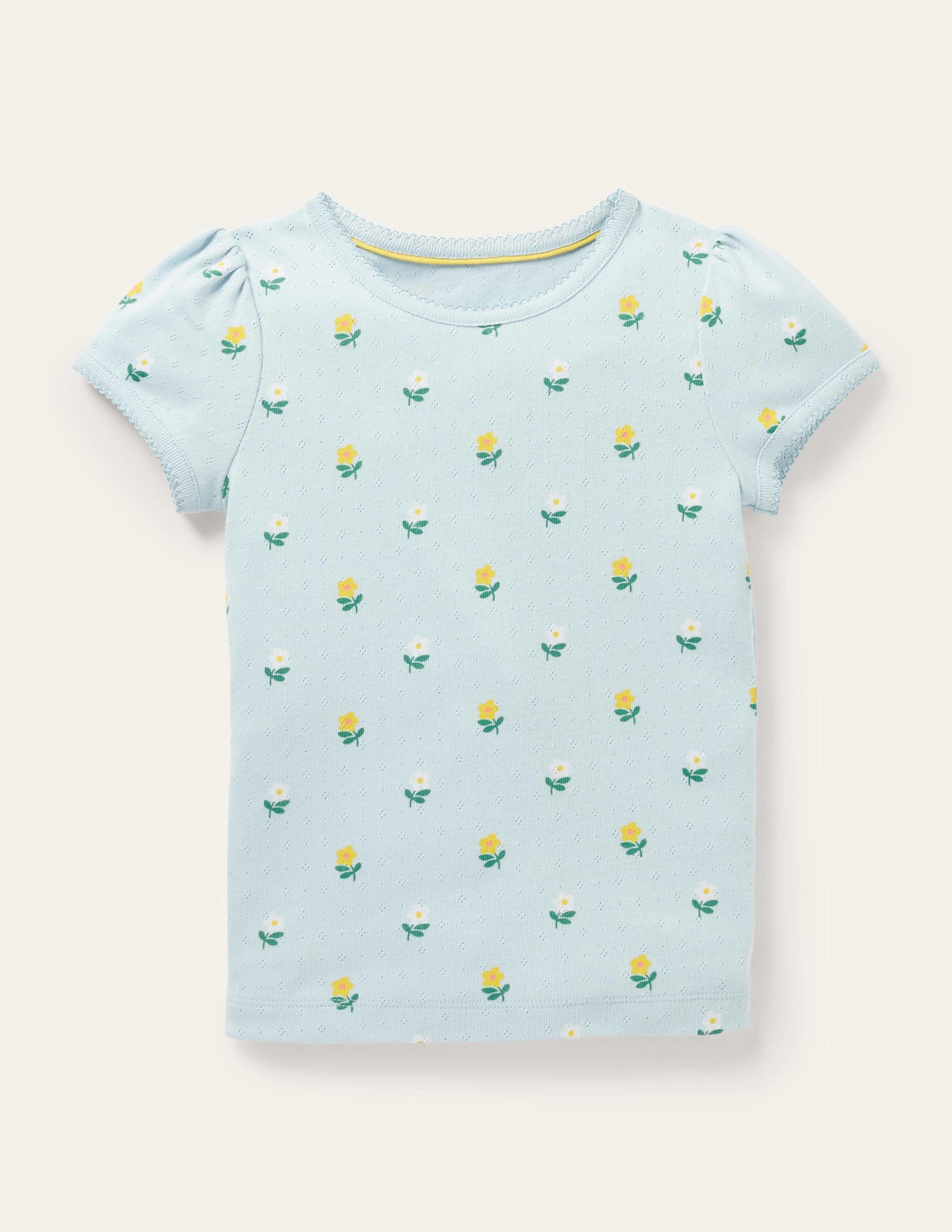 Short-Sleeved Pointelle Top-Neptune Blue Little Flower - Image 1