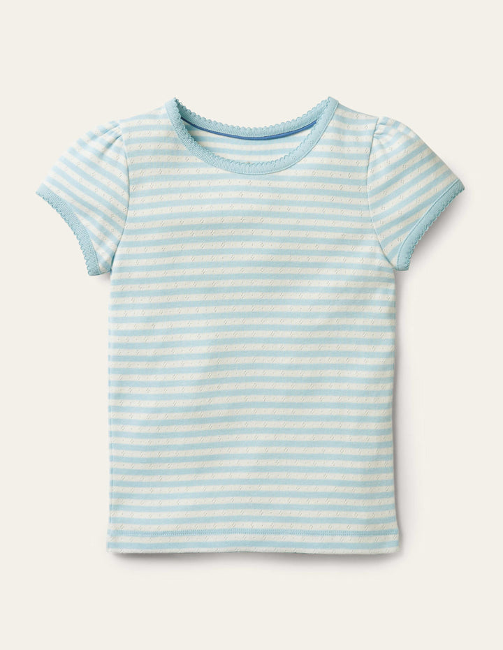 Short-Sleeved Pointelle Top-Light Celeste Blue/Ivory