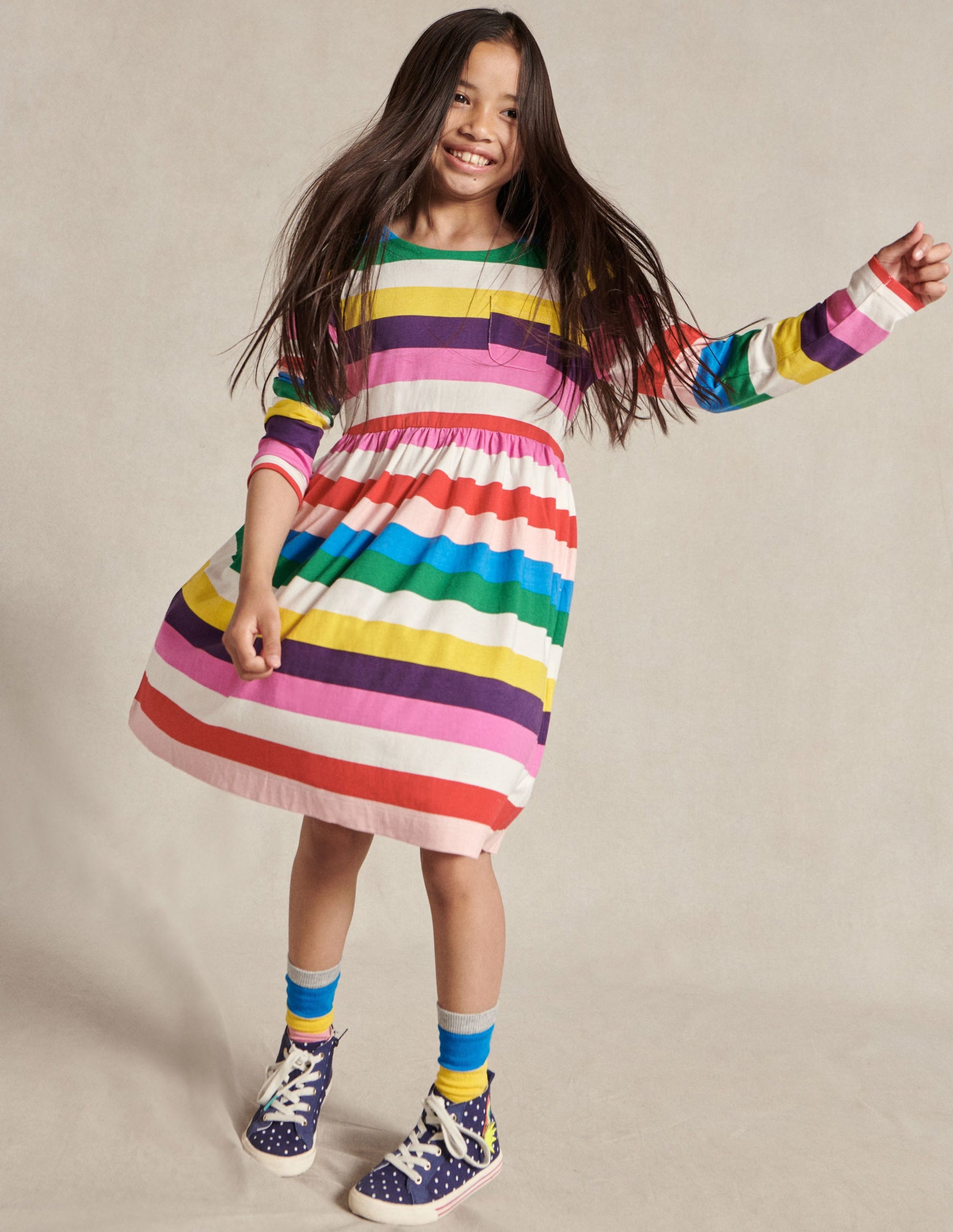 Long Sleeve Fun Jersey Dress-Multi Rainbow Stripe-7