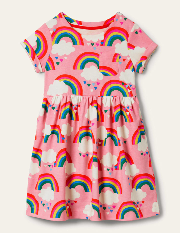 Short Sleeve Fun Jersey Dress-Pink Lemonade Rainbows