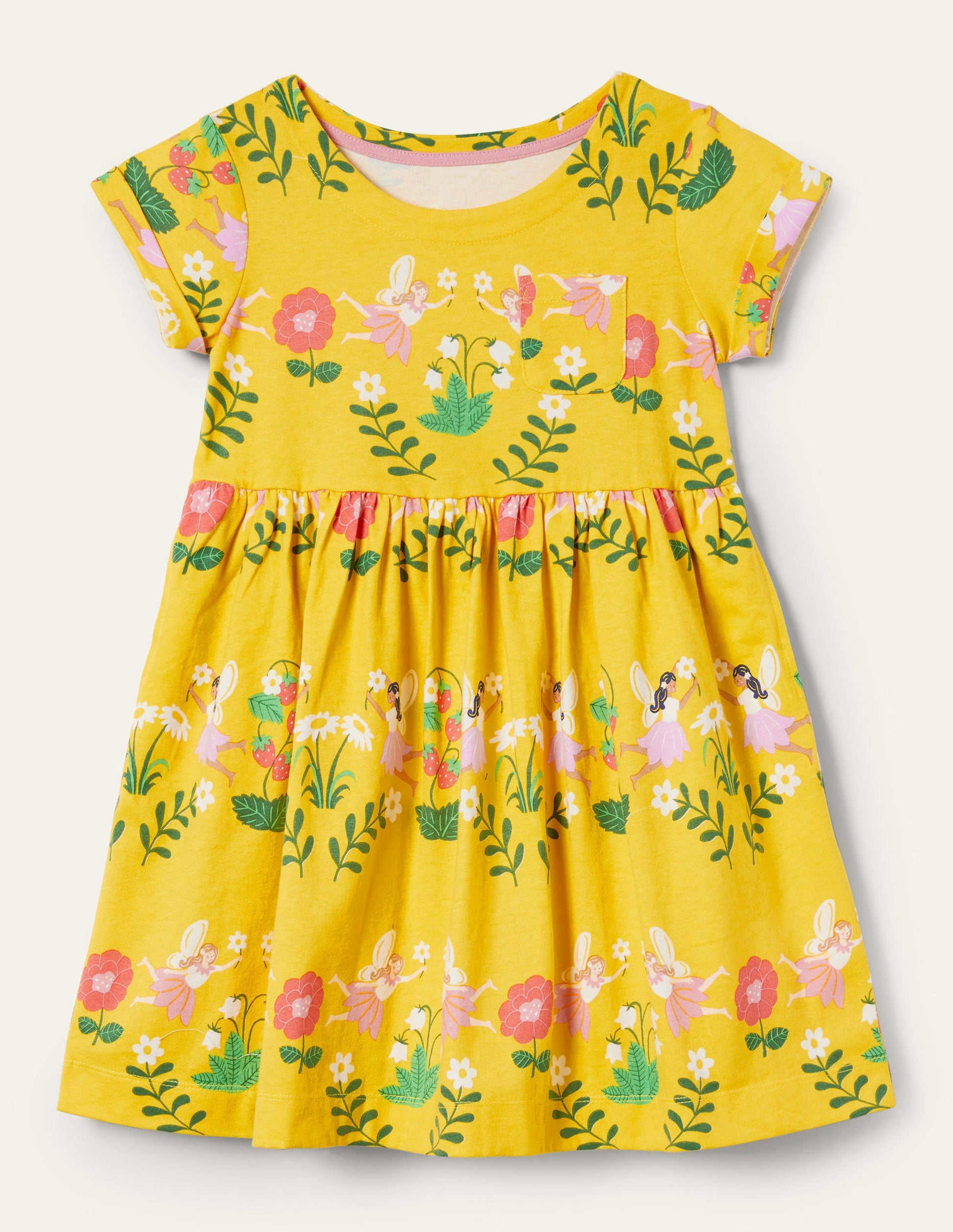 Short Sleeve Fun Jersey Dress-Sweetcorn Yellow Fairies-1