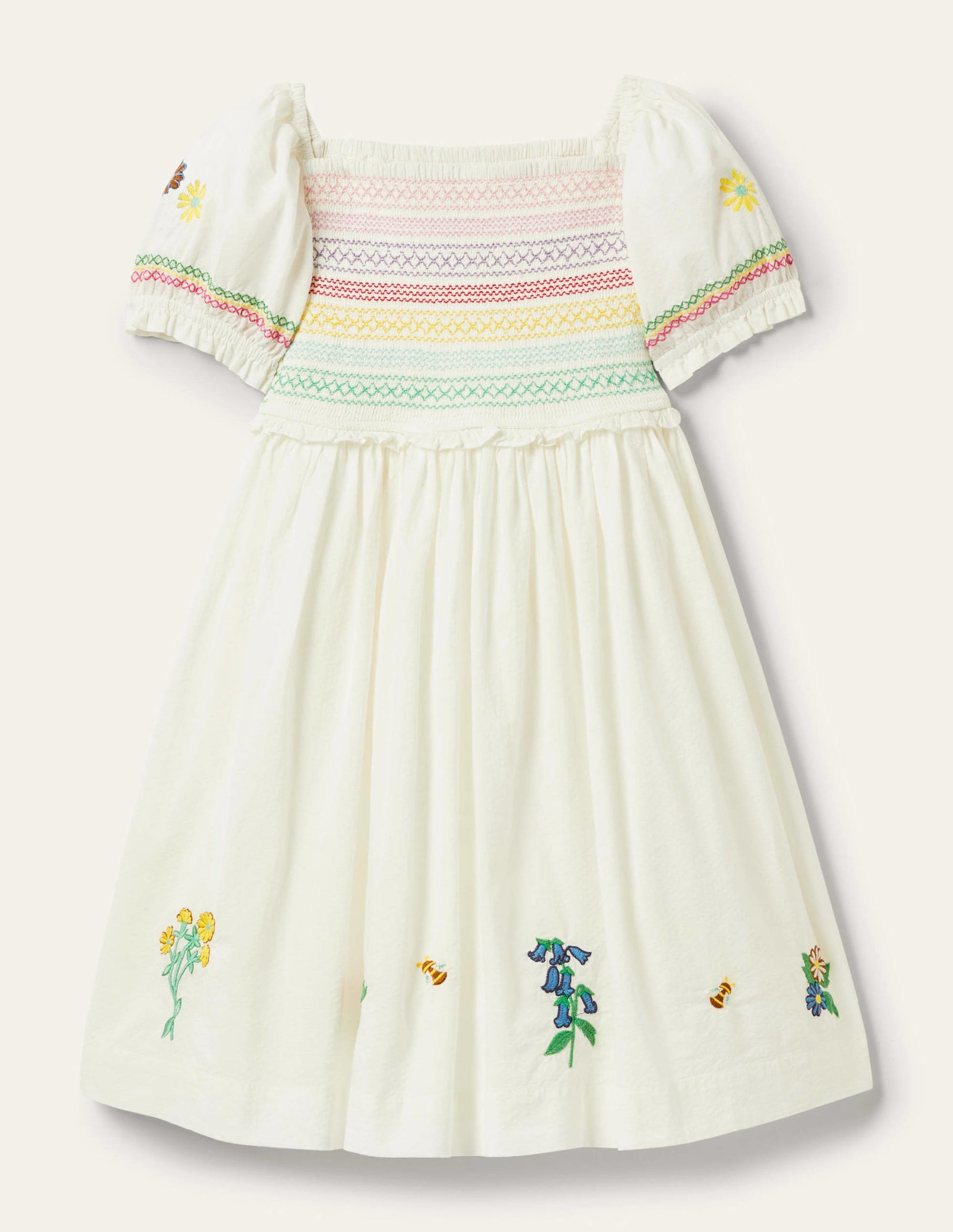 Floral Smocked Dress-Ivory Embroidered-2