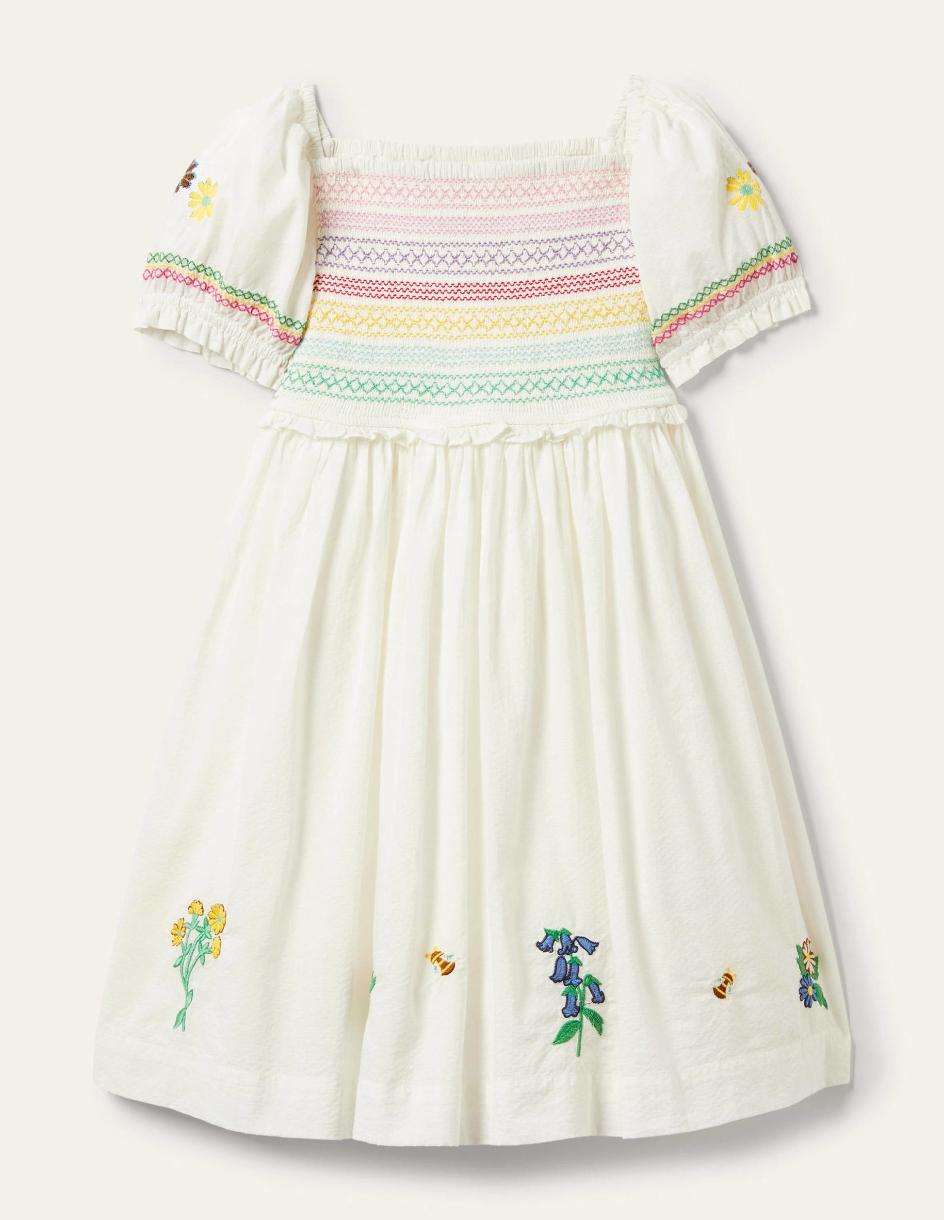 Floral Smocked Dress-Ivory Embroidered-1