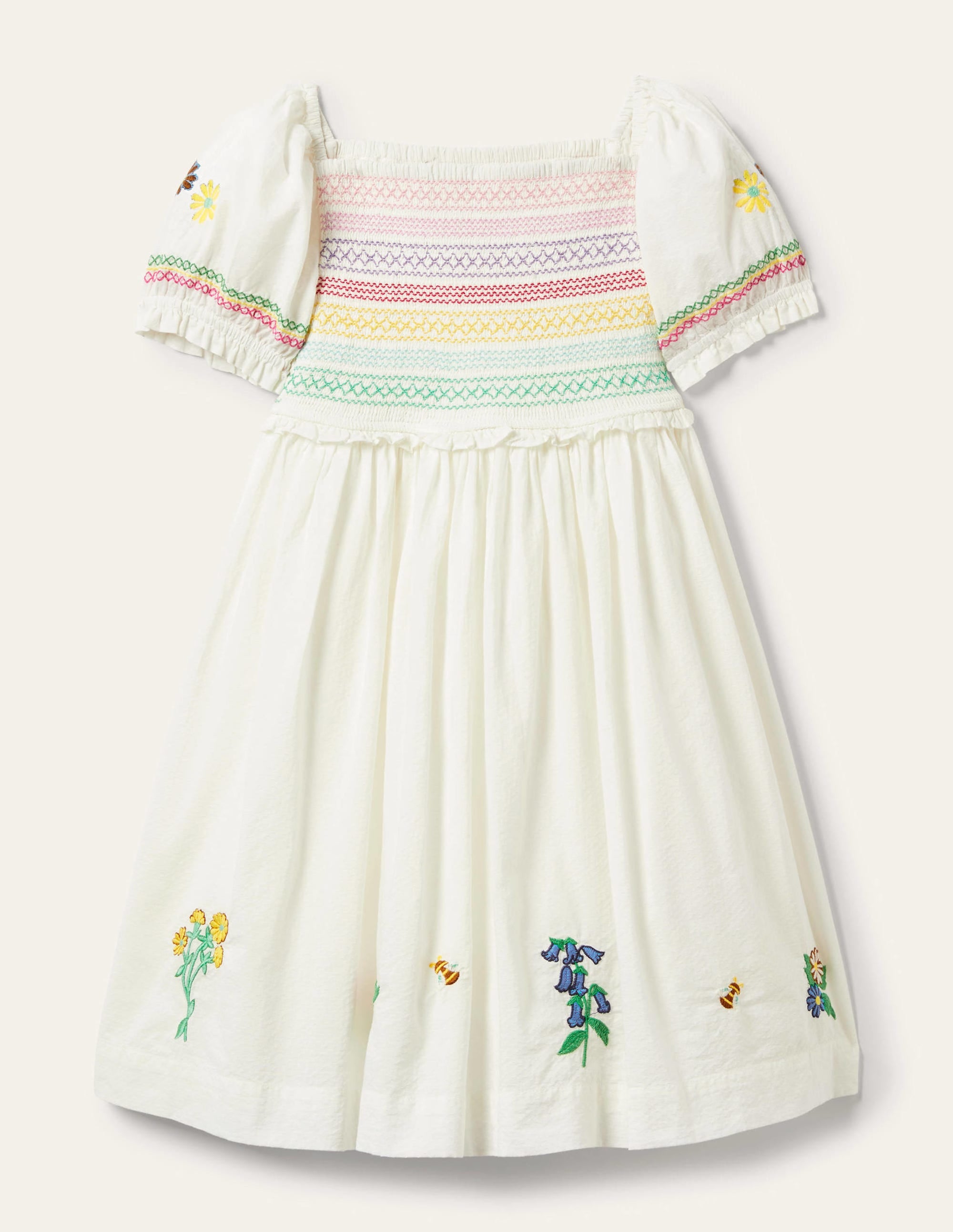 Floral Smocked Dress-Ivory Embroidered - Image 1