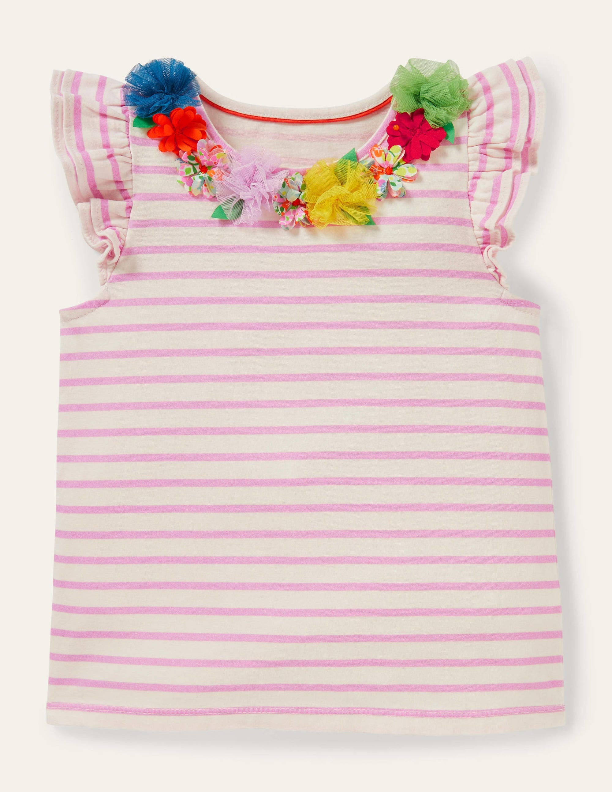 Ruffle Interest Logo T-shirt-Ivory / Rosebay Floral - Image 1