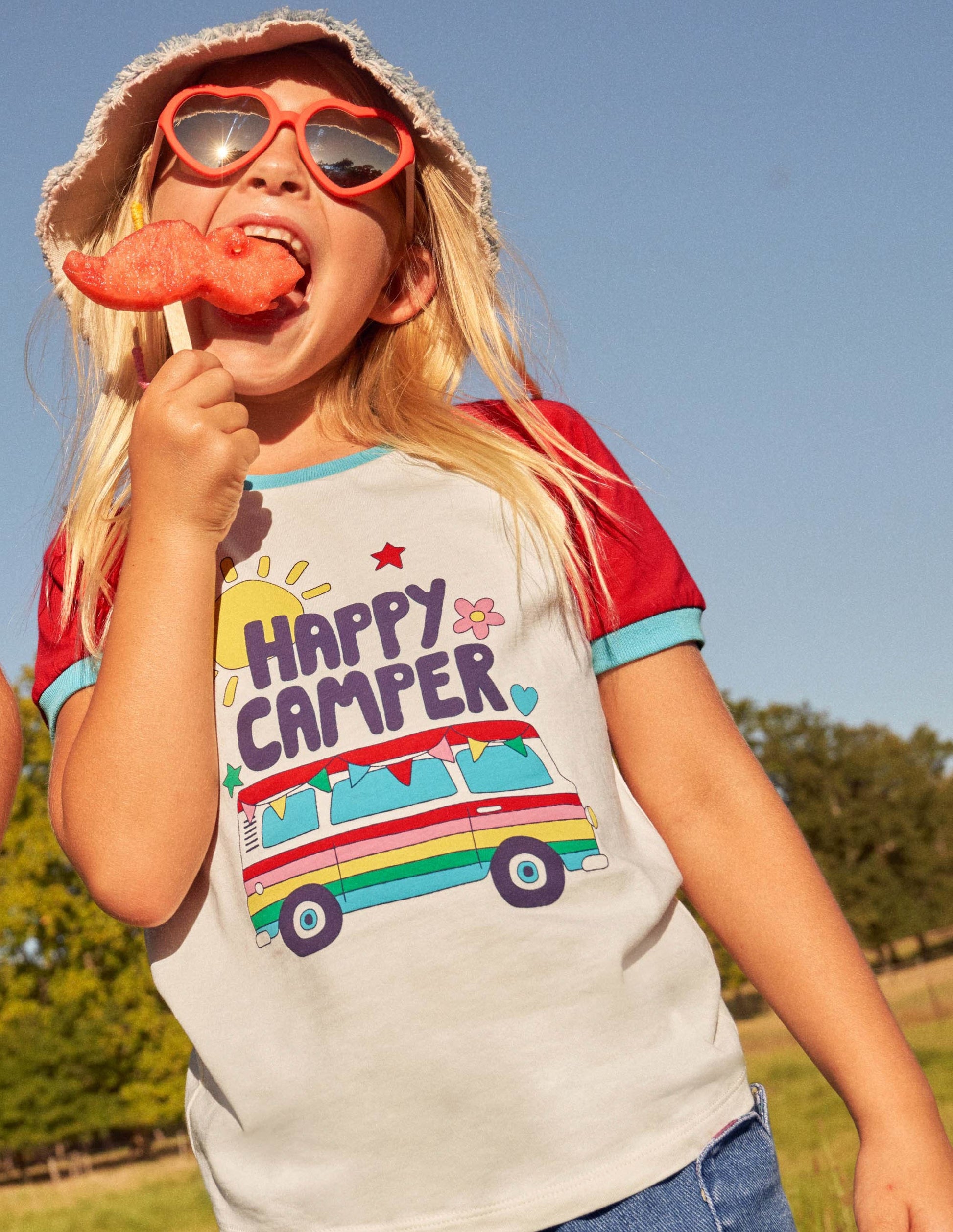 Printed Graphic Raglan T-shirt-Fire Red Campervan-7