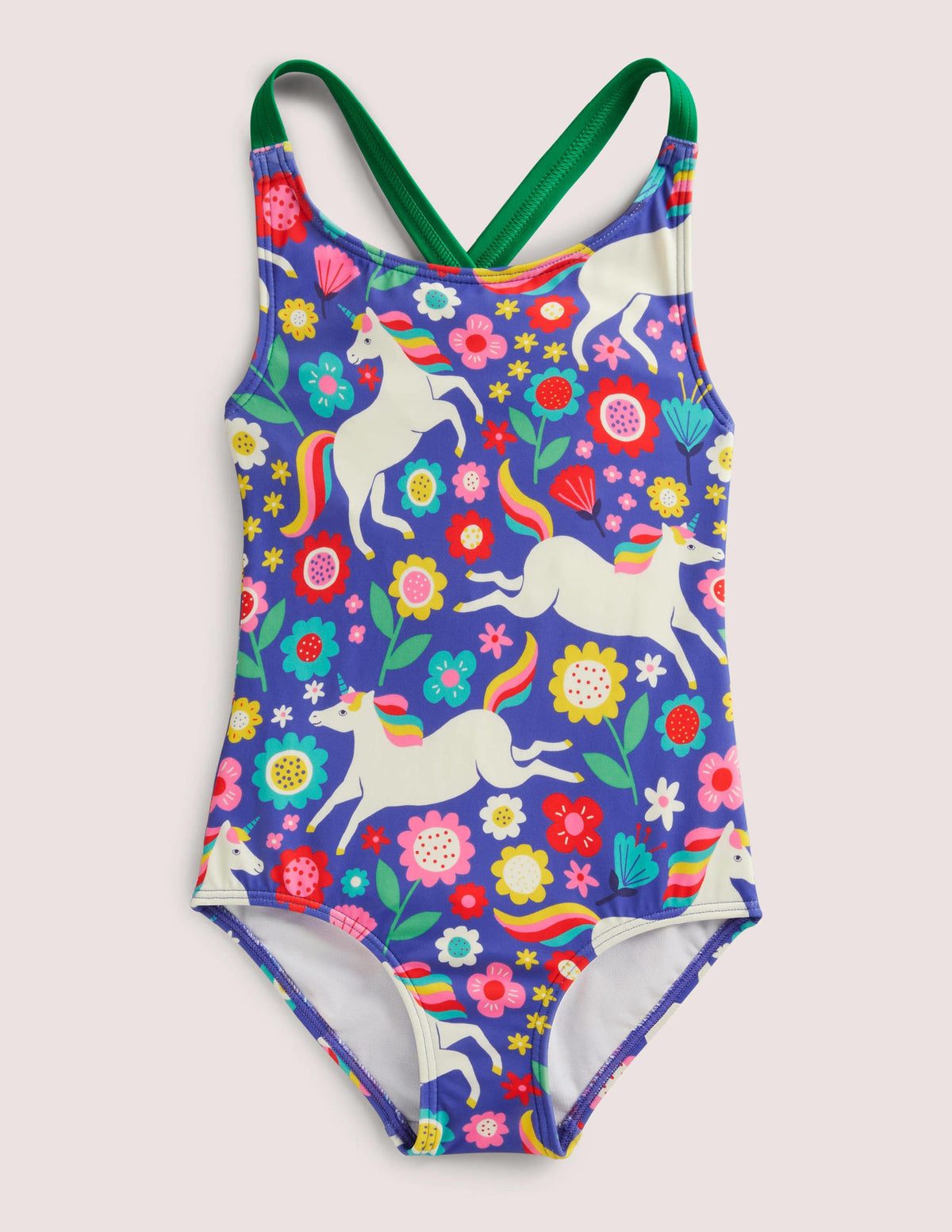 Cross-back Printed Swimsuit-Bluebell Unicorn Floral - Image 1