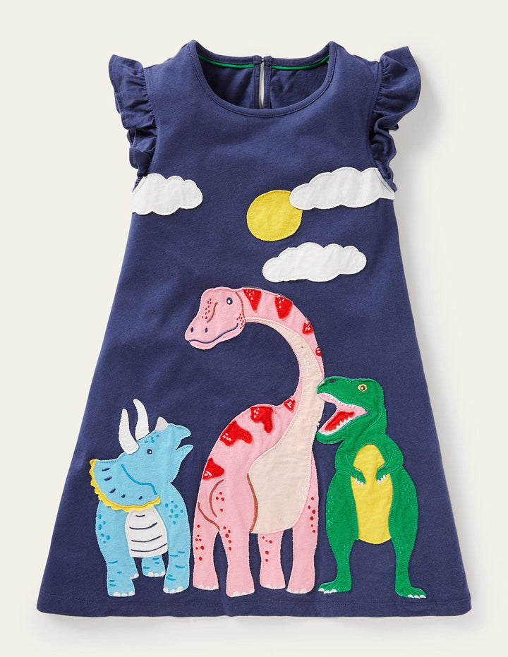 Frill Sleeve Appliqué Dress-Starboard Navy Dinosaurs