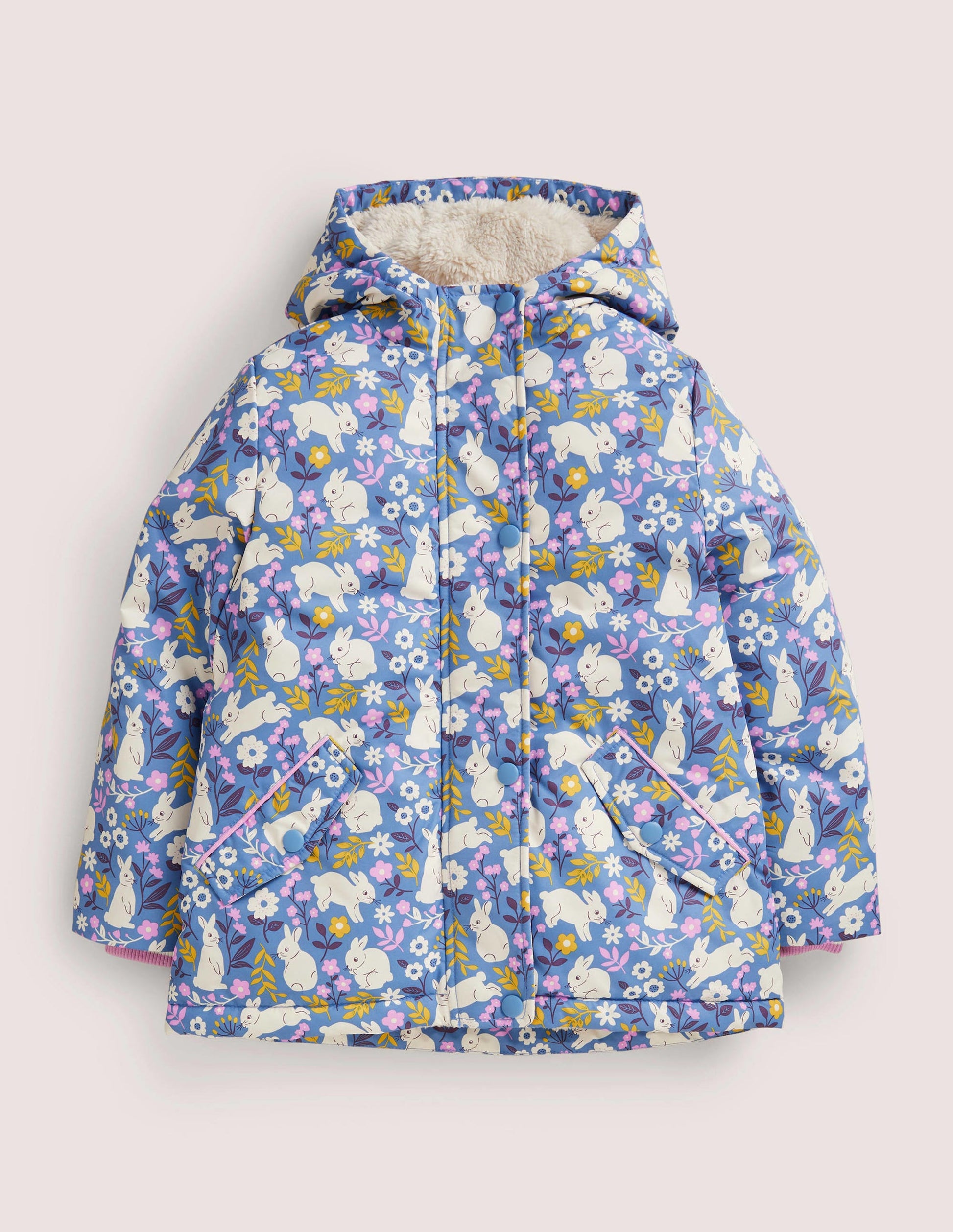 Blue Bunny Print Sherpa Lined Anorak-Riviera Blue Bunny Field-1