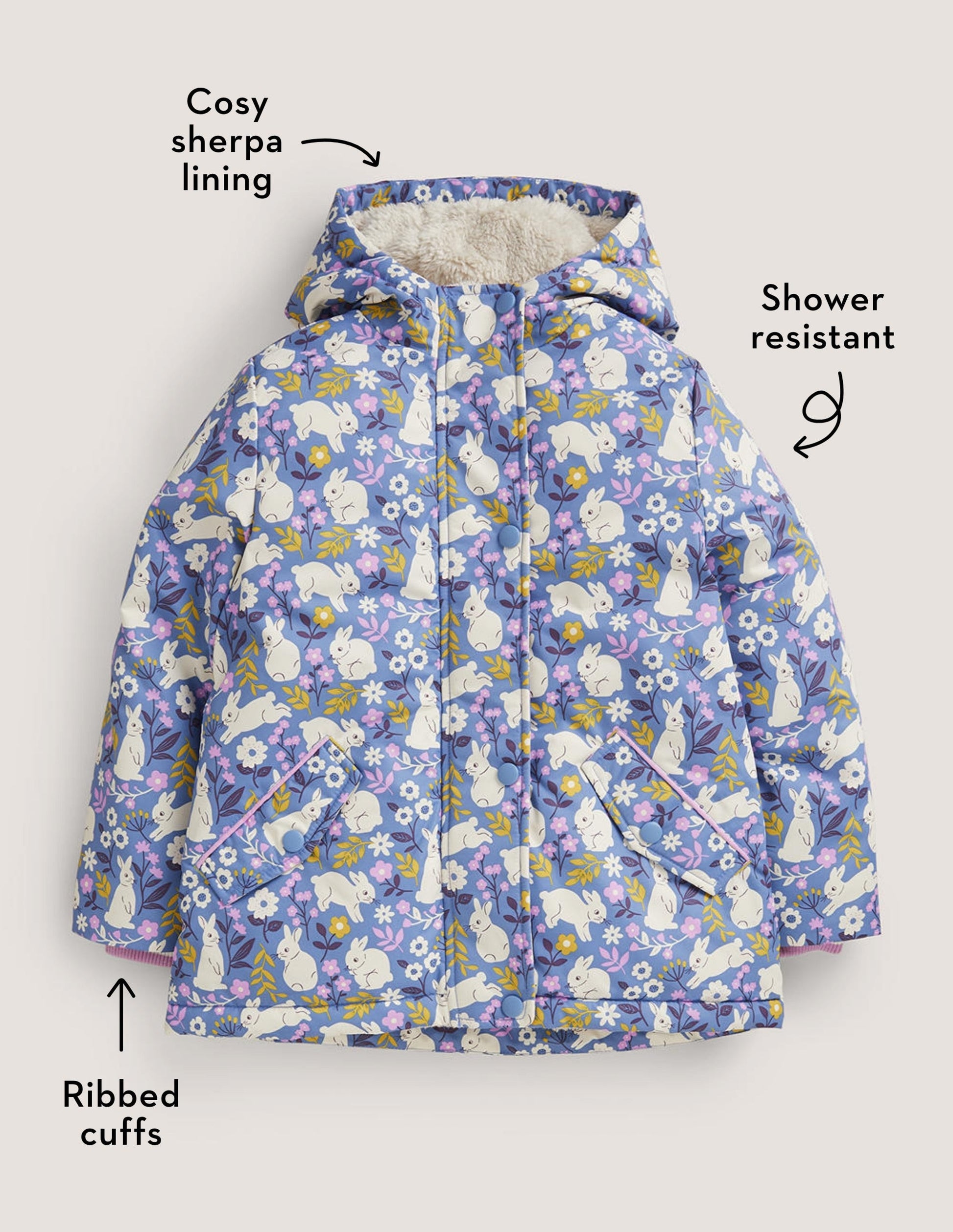 Blue Bunny Print Sherpa Lined Anorak-Riviera Blue Bunny Field-4