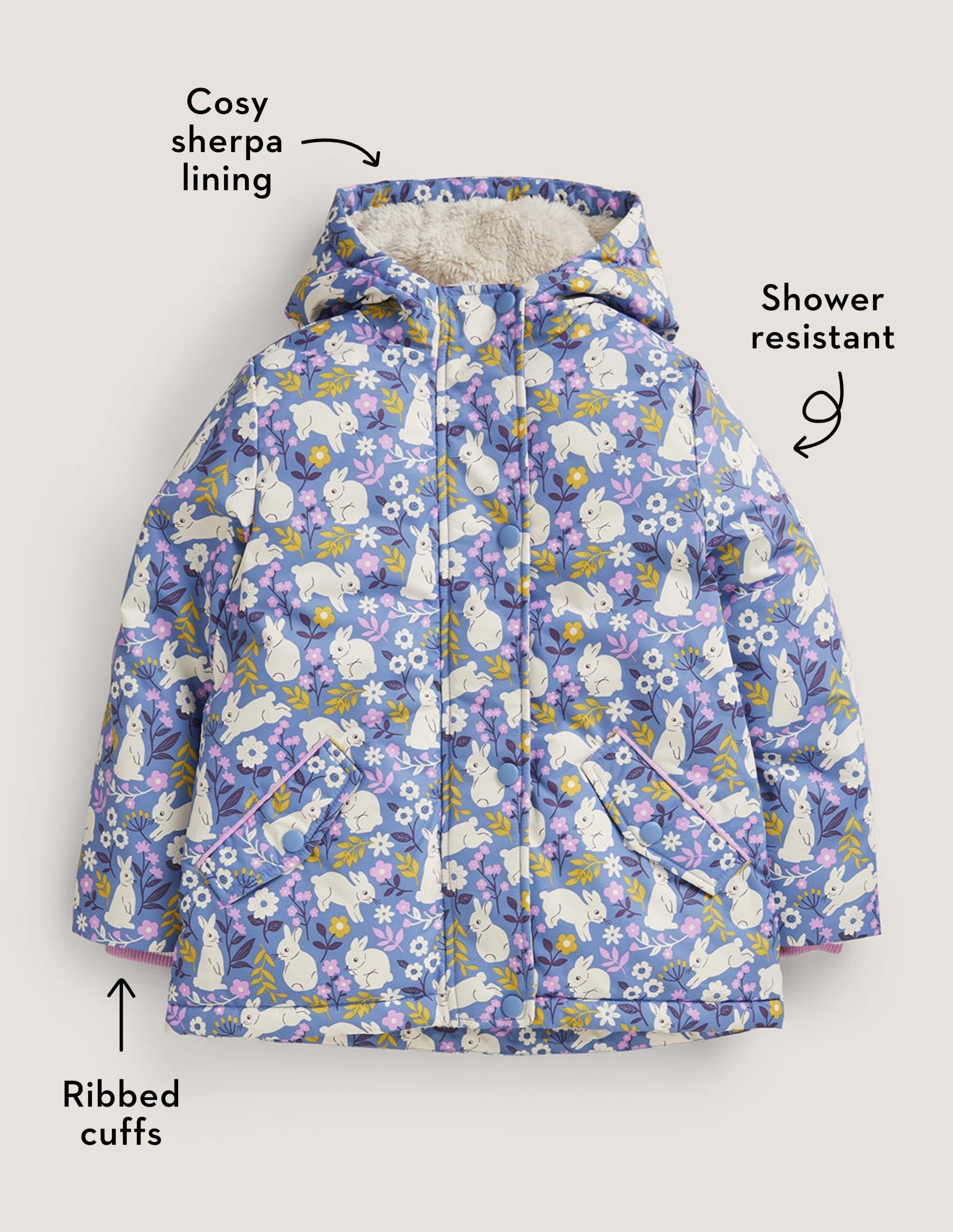 Blue Bunny Print Sherpa Lined Anorak-Riviera Blue Bunny Field - Image 4
