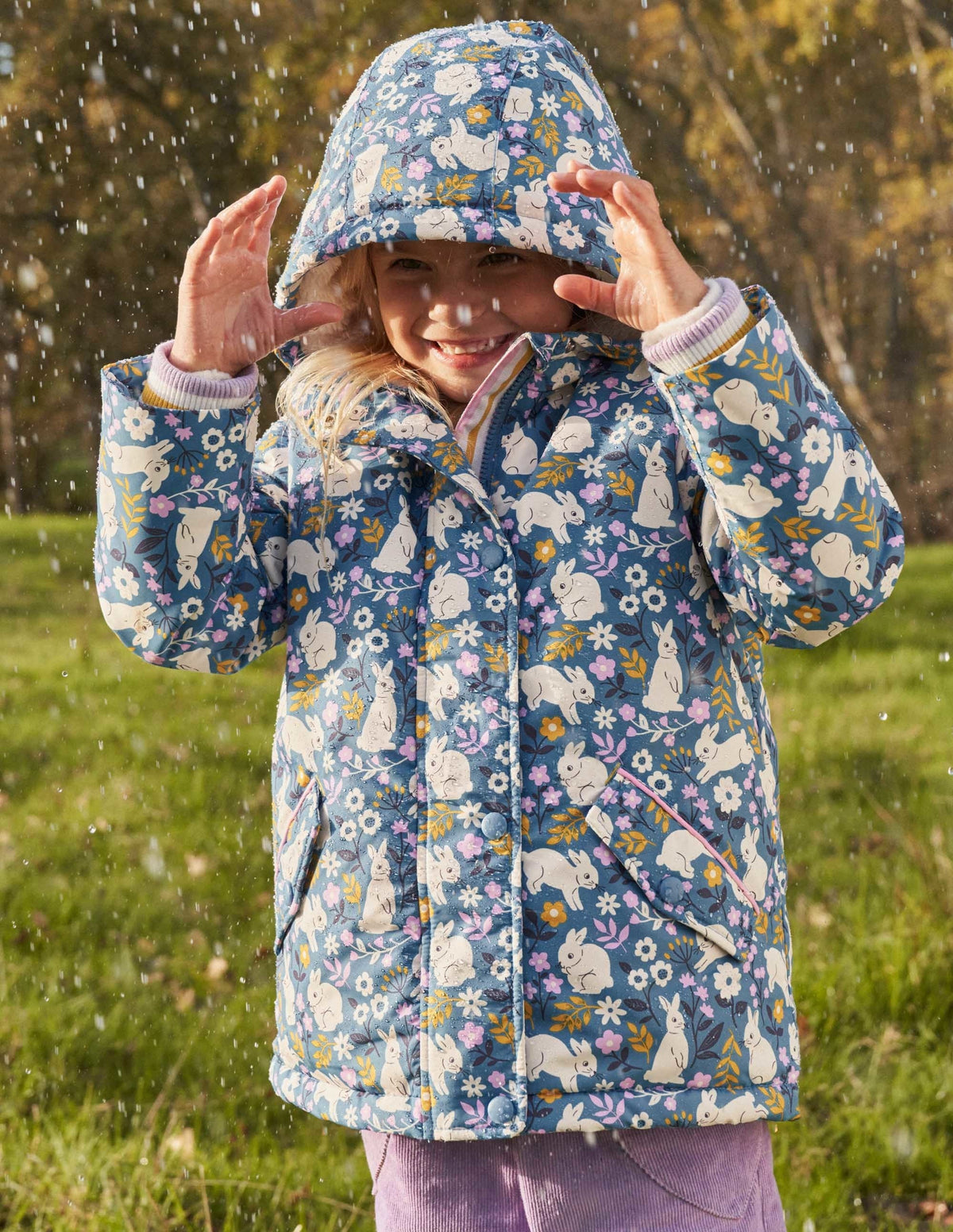 Blue Bunny Print Sherpa Lined Anorak-Riviera Blue Bunny Field-5