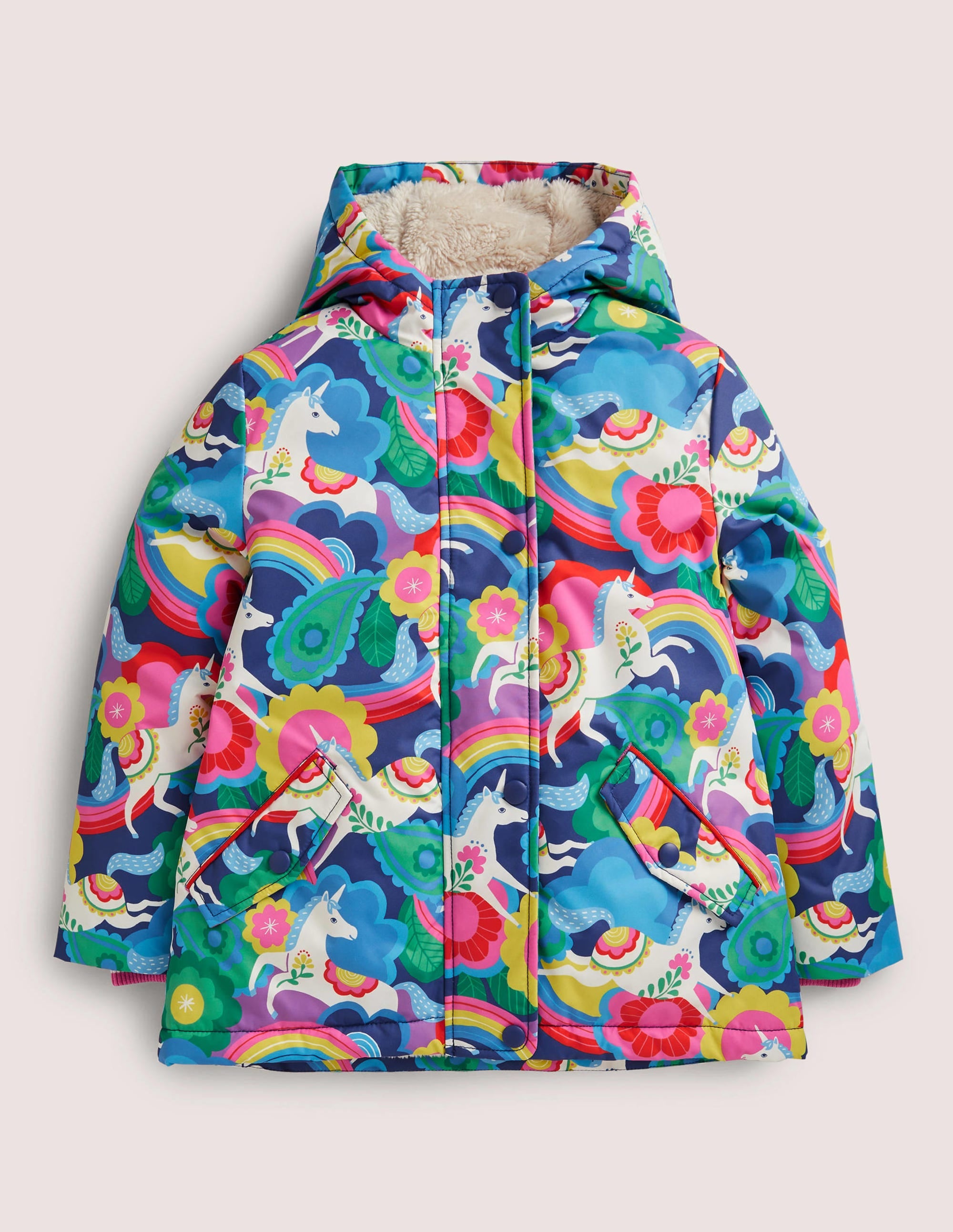 Navy Unicorn Print Sherpa Lined Anorak-Multi Flowerpatch Unicorns - Image 1