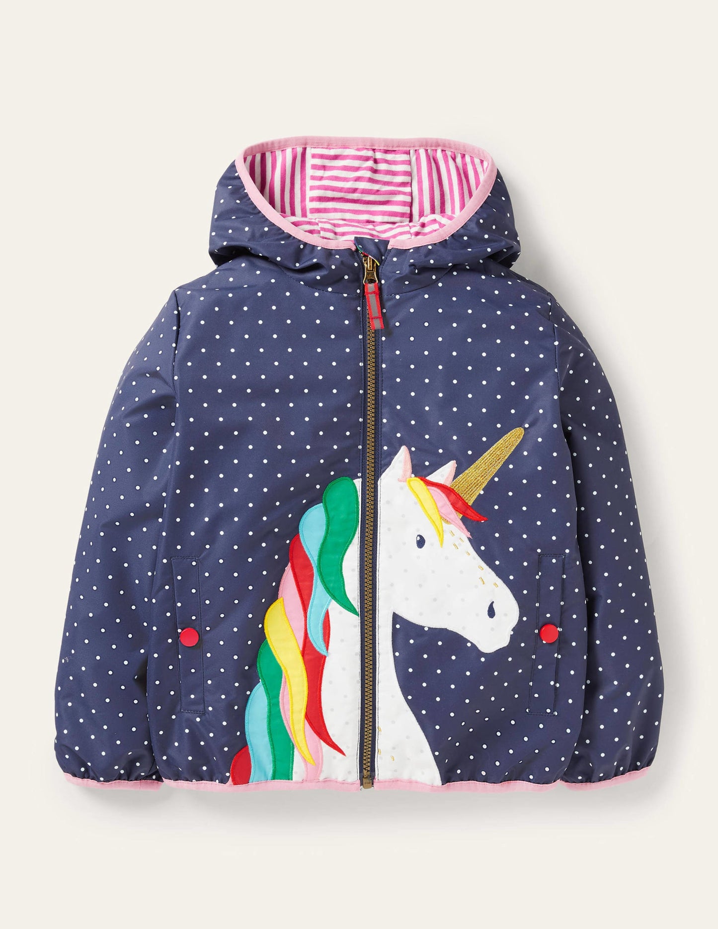Navy Polka Dot Unicorn Rain Jacket-College Navy Pin Spot Unicorn