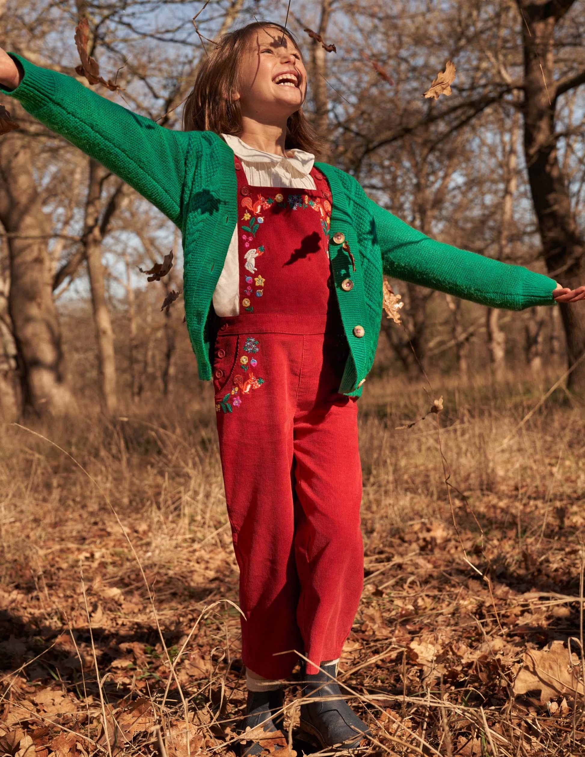 Embroidered Cord Overalls-Russet Red Embroidery-4