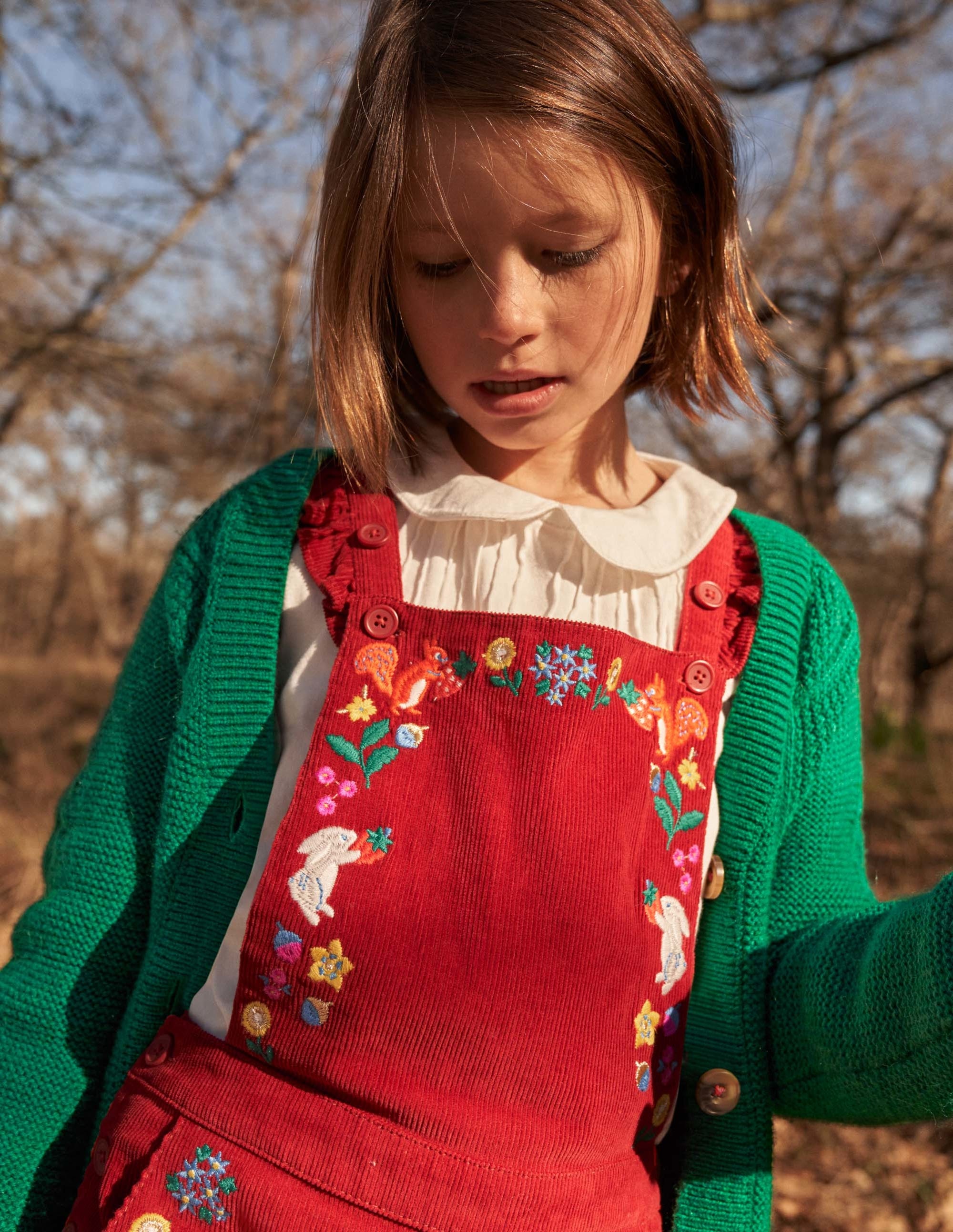 Embroidered Cord Overalls-Russet Red Embroidery - Image 5