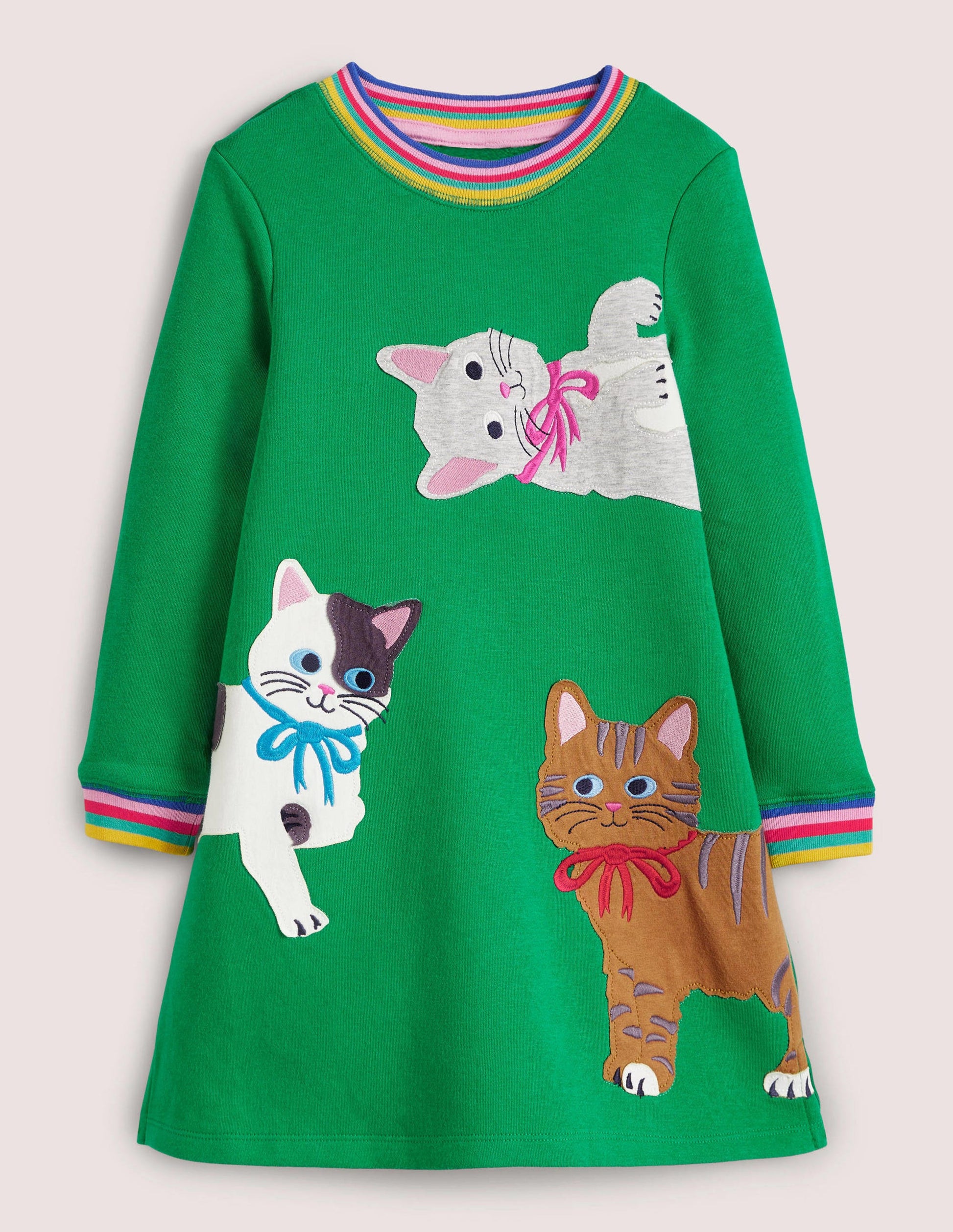 Green Rainbow Cat Print Sweatshirt Dress-Highland Green Cats-1
