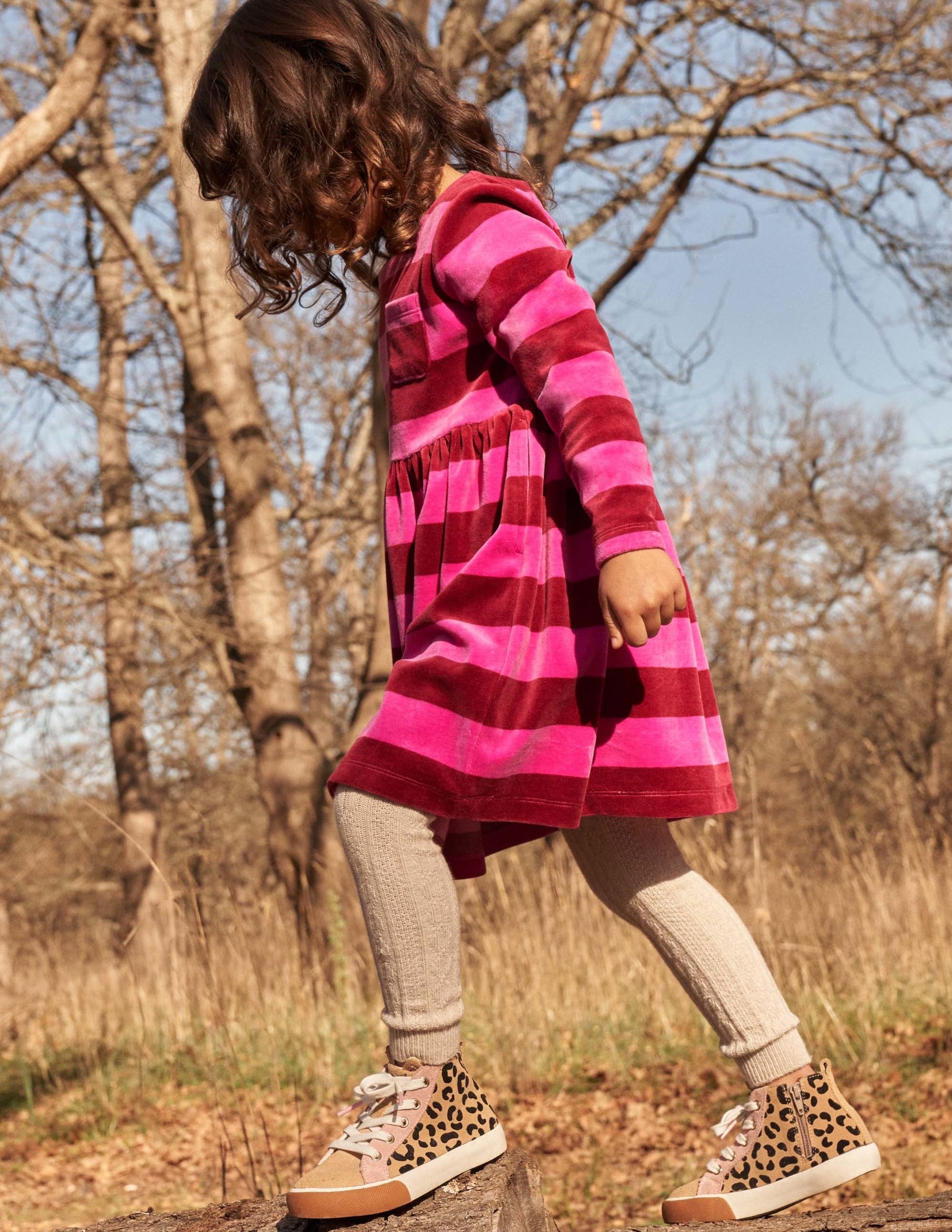 Velour Stripe Dress-Shocking Pink/ Damson Burgundy-4