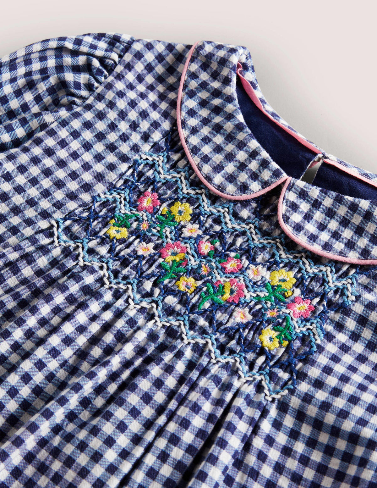 Collared Smocked Woven Top-Riviera Blue Gingham-3