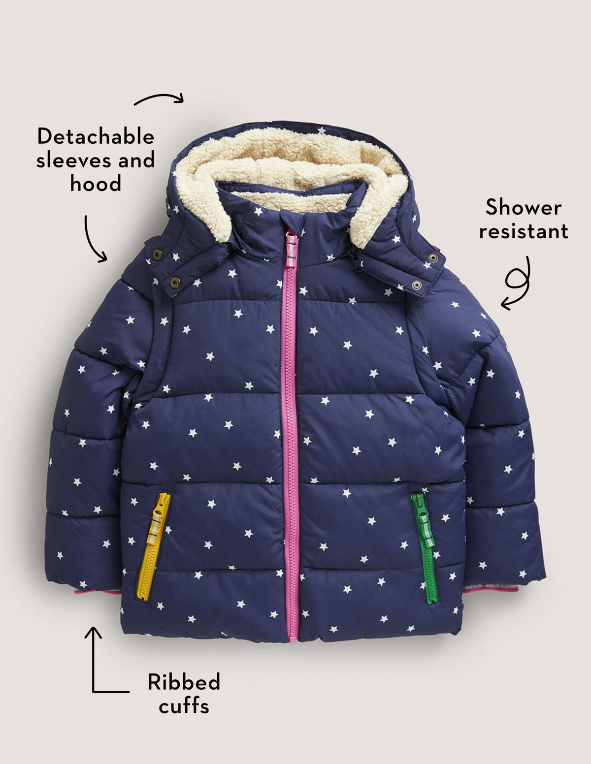 Navy Star Print Hooded Puffer Jacket-College Navy Confetti Star - Image 5