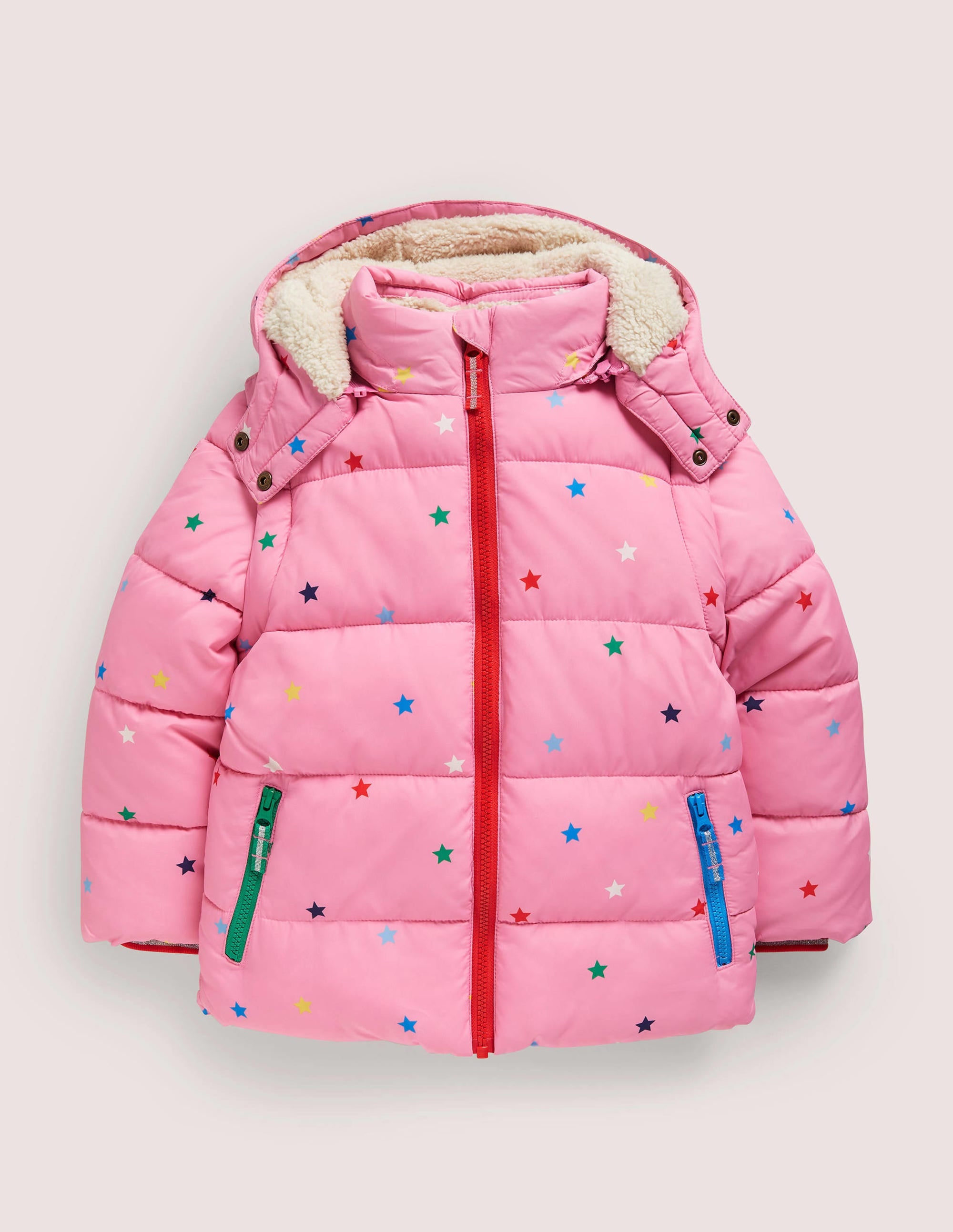 Pink Star Print Hooded Puffer Jacket-Bright Petal Pink Multi Star - Image 1