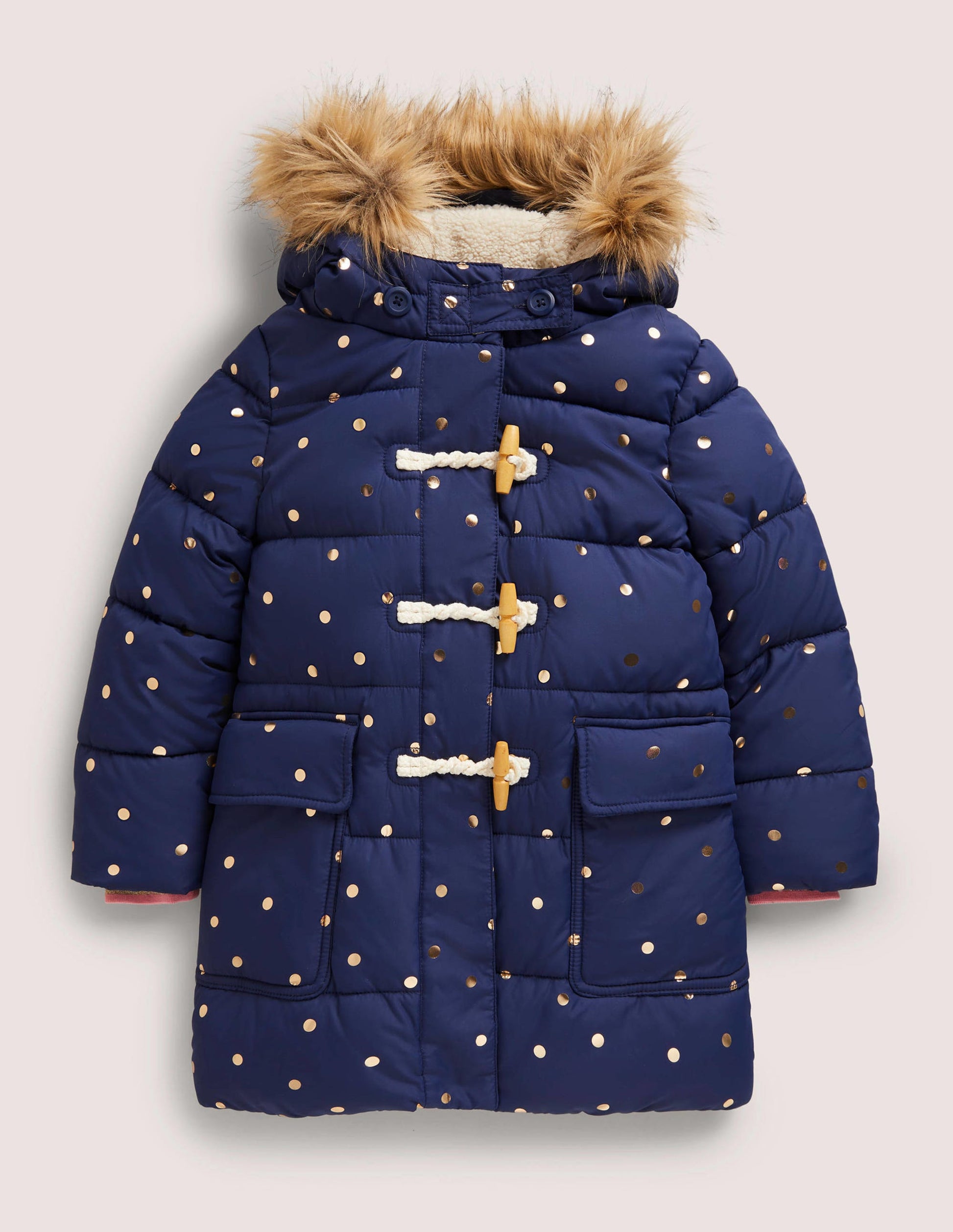 Gold Polka Dot Navy Puffer Jacket-College Navy Foil Spot-1