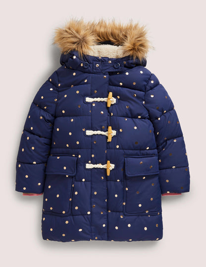 Gold Polka Dot Navy Puffer Jacket-College Navy Foil Spot-1