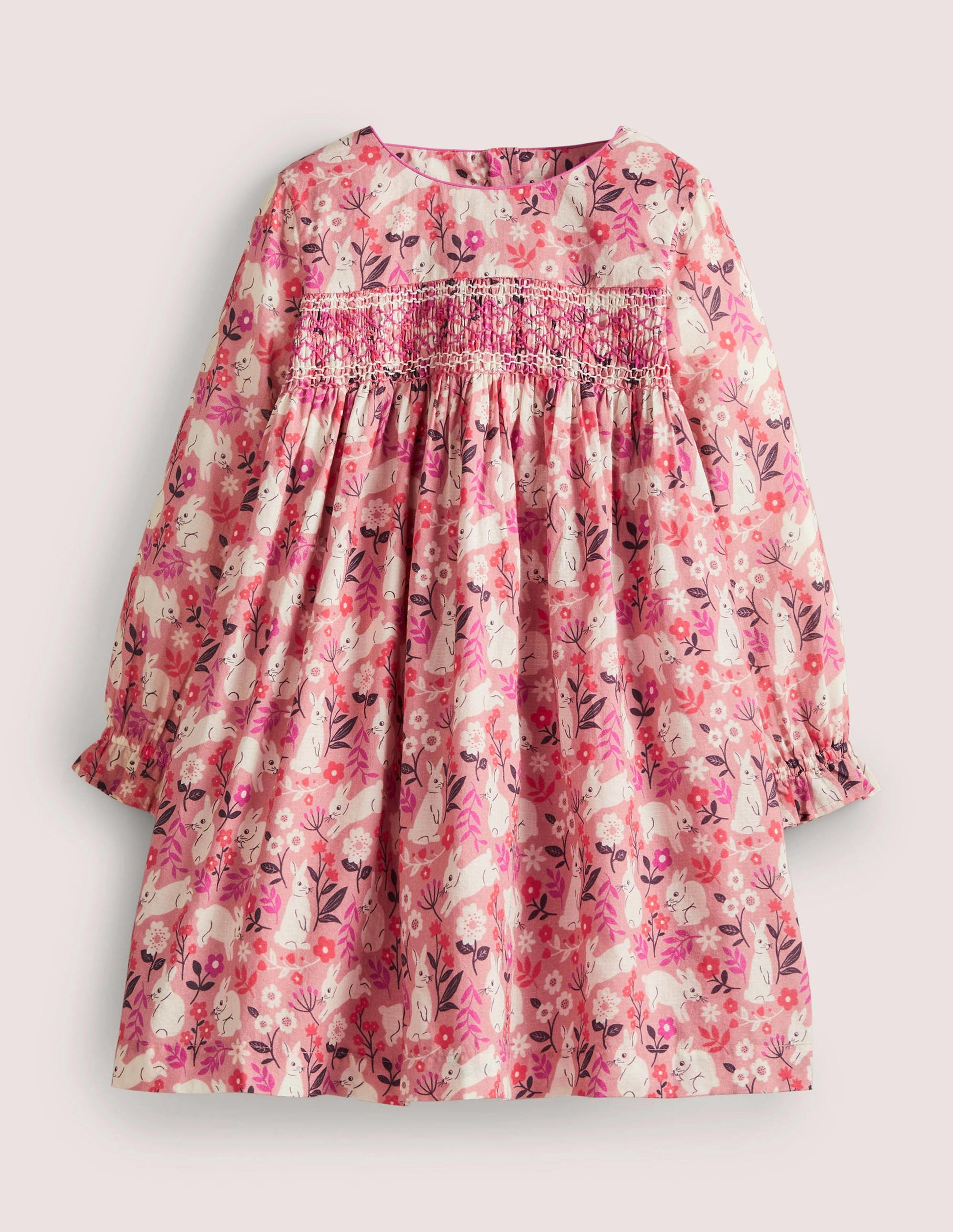 Pink Bunny Print Long-sleeved Smock Dress-Formica Pink Bunny Field-1
