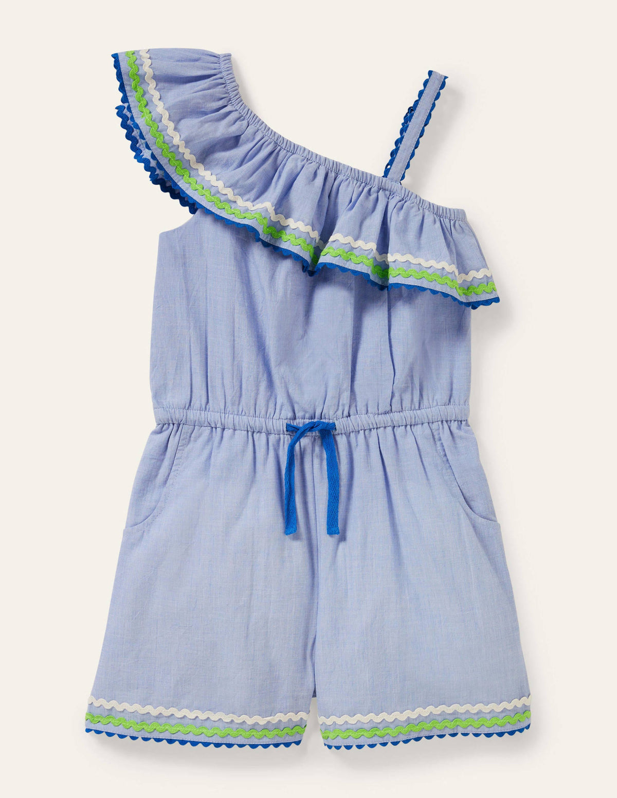 One Shoulder Tassel Romper-Chambray - Image 1