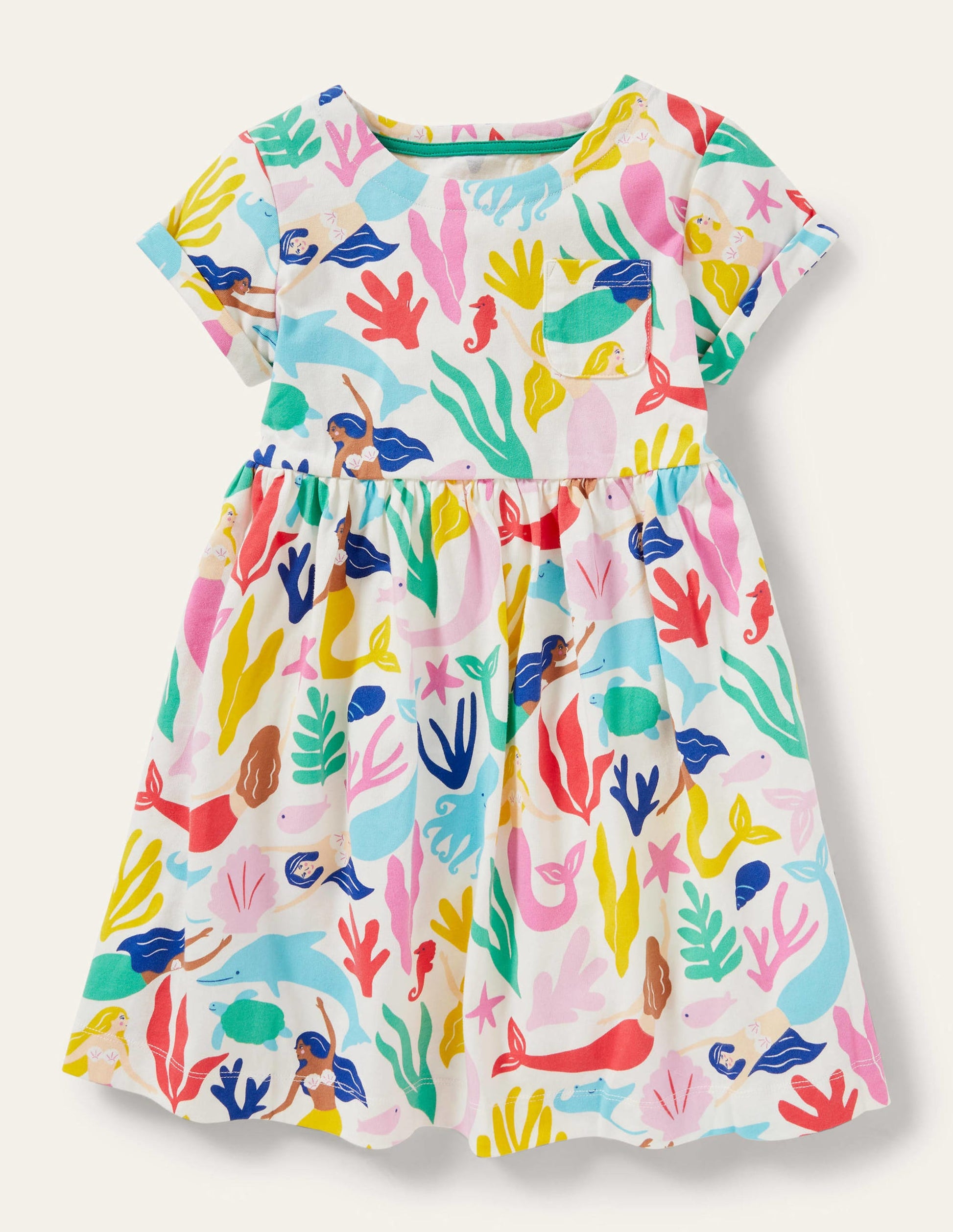 Short Sleeve Fun Jersey Dress-Ivory Mermaids-1