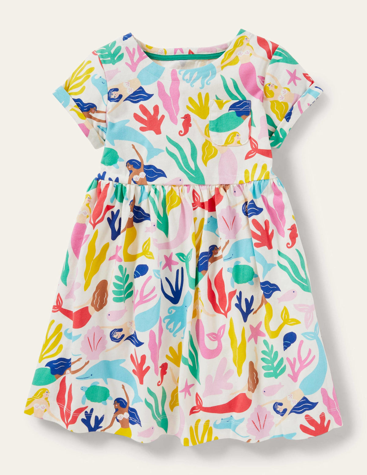 Short Sleeve Fun Jersey Dress-Ivory Mermaids - Image 1