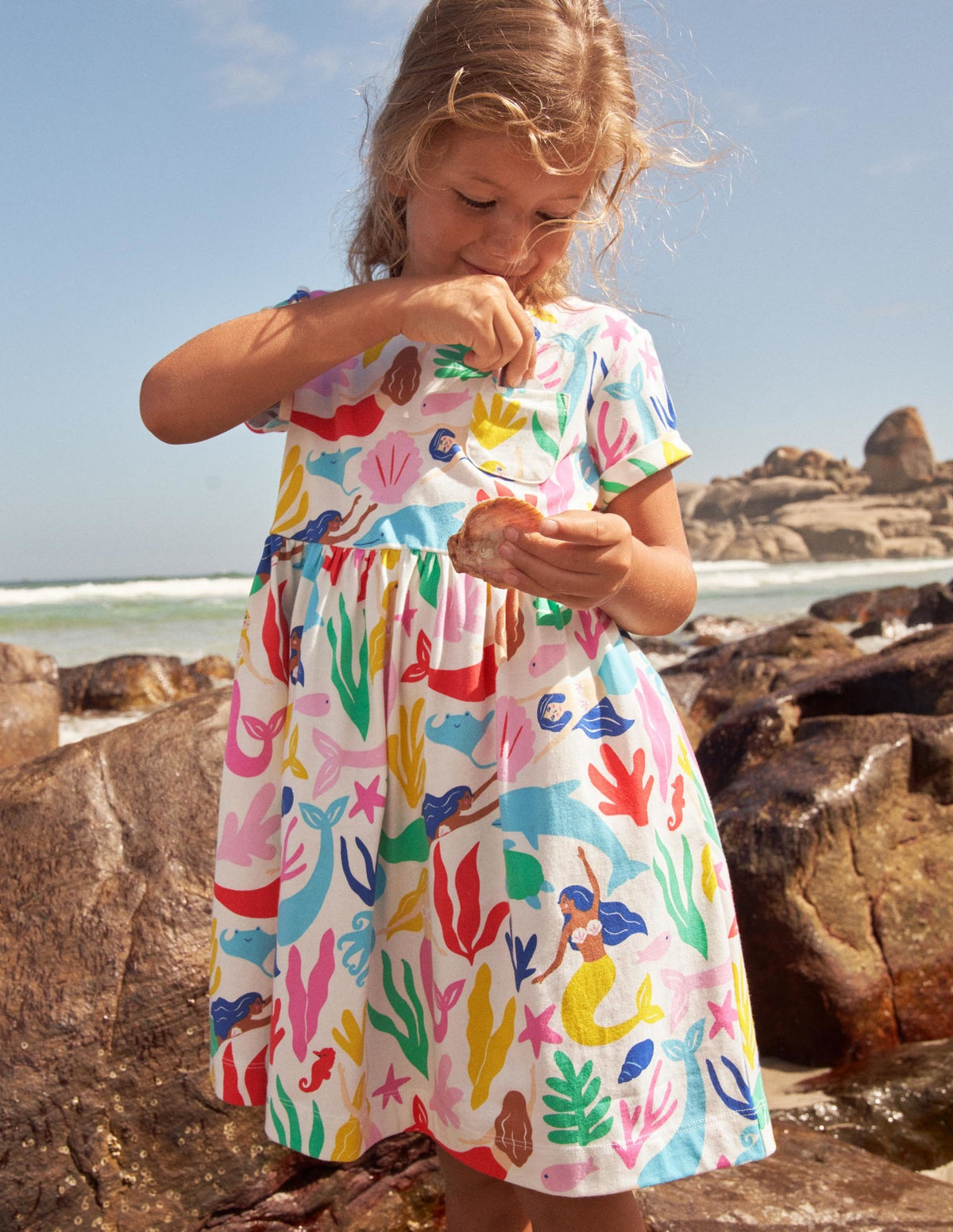 Short Sleeve Fun Jersey Dress-Ivory Mermaids - Image 4