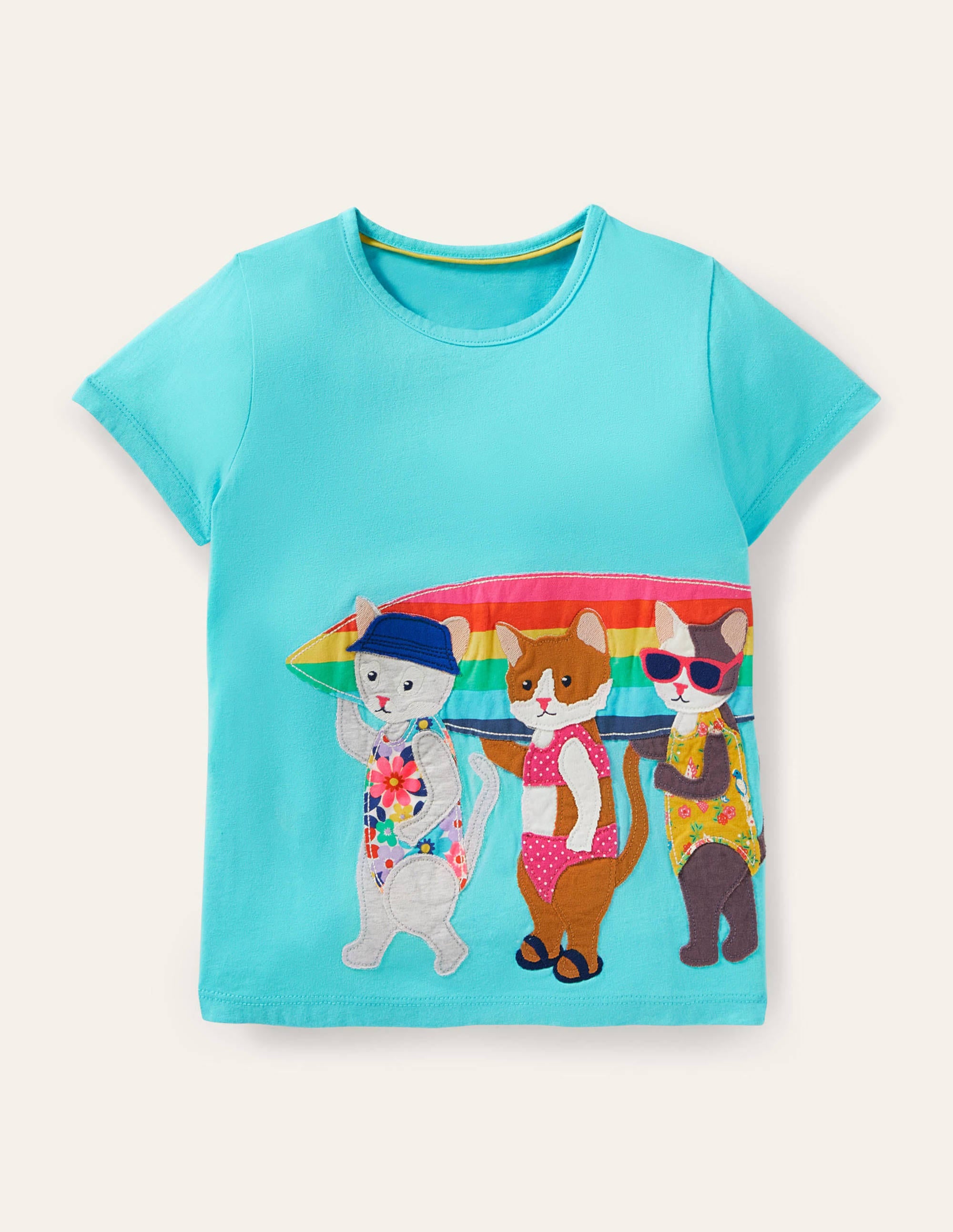 Short-sleeved Appliqué T-shirt-Turquoise Surfing Cats - Image 1