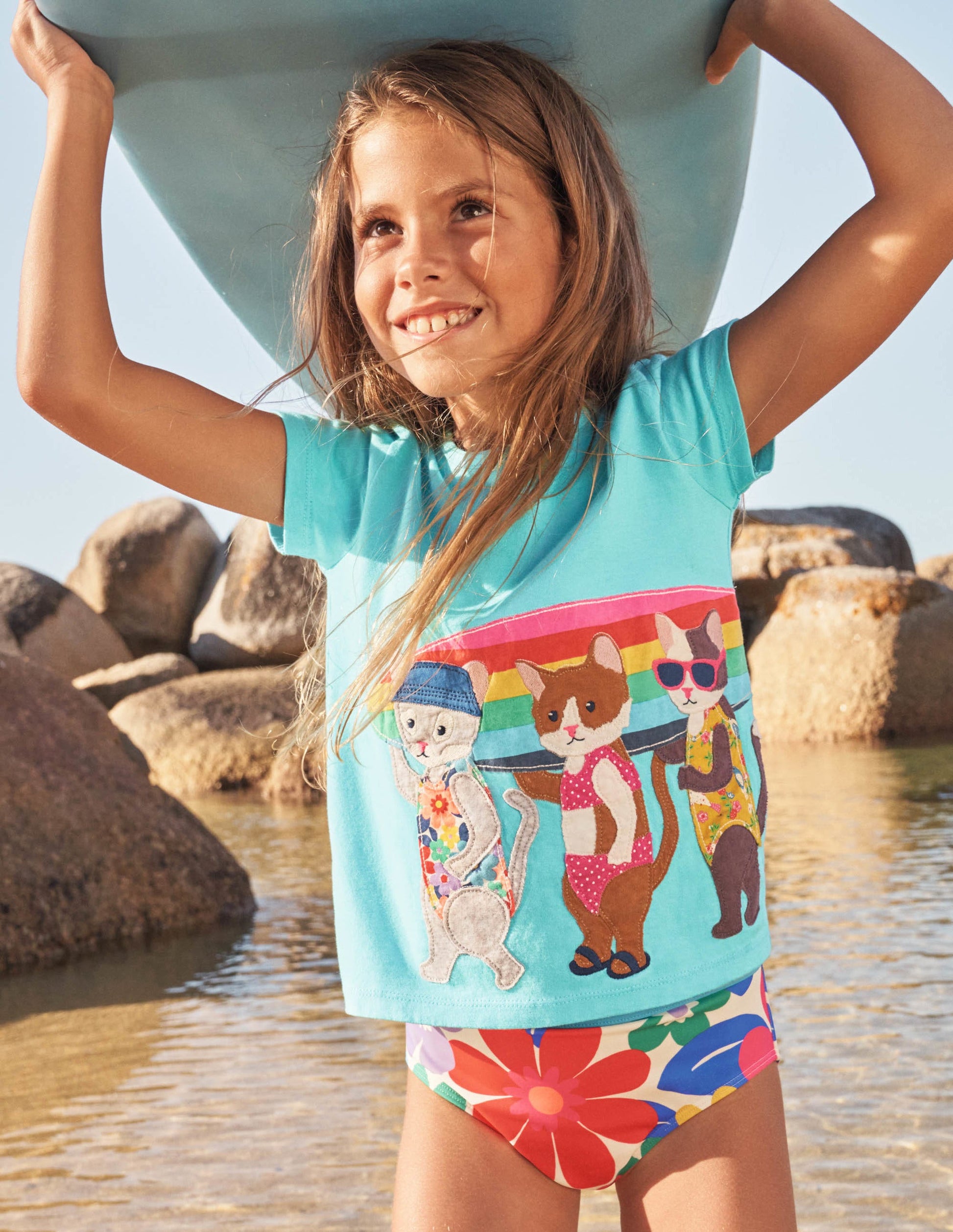Short-sleeved Appliqué T-shirt-Turquoise Surfing Cats-4