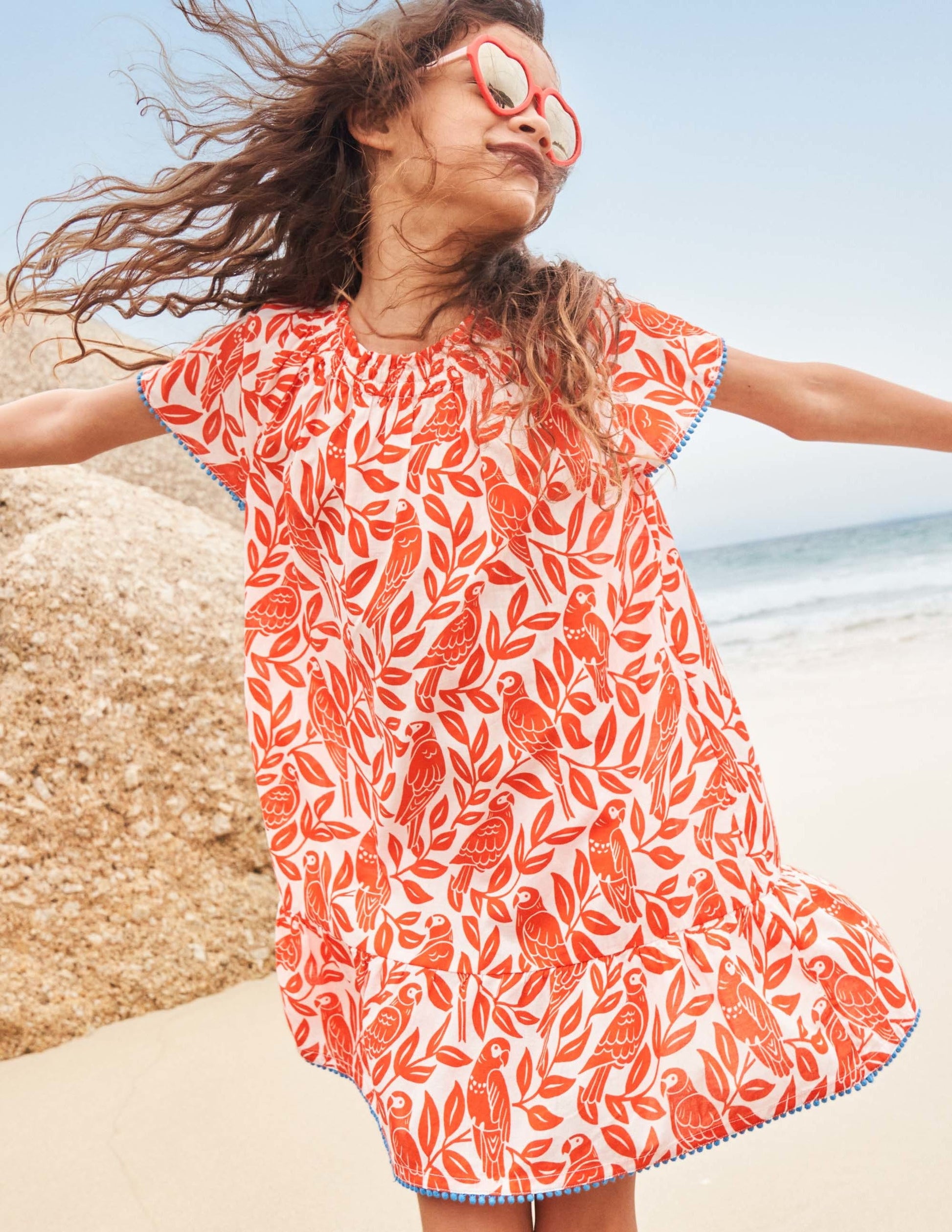 Smocked Printed Kaftan-Watermelon Red Parrot-4