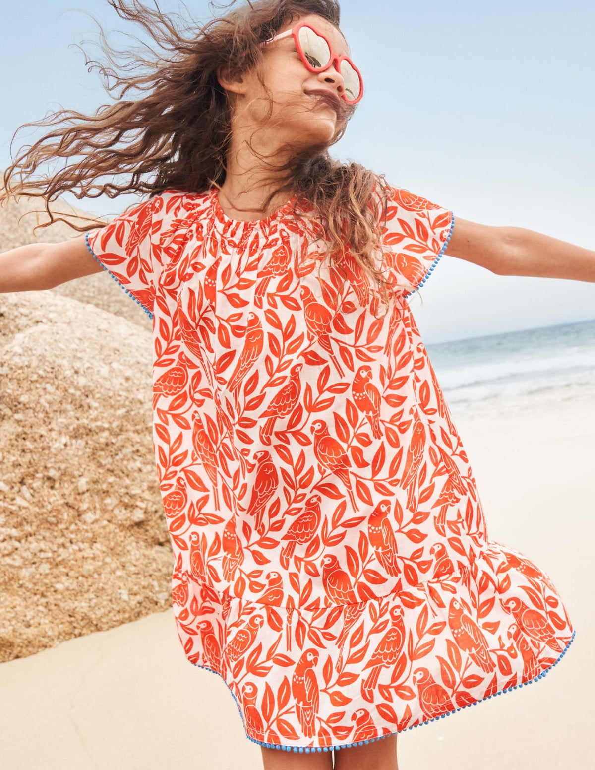 Smocked Printed Kaftan-Watermelon Red Parrot - Image 4