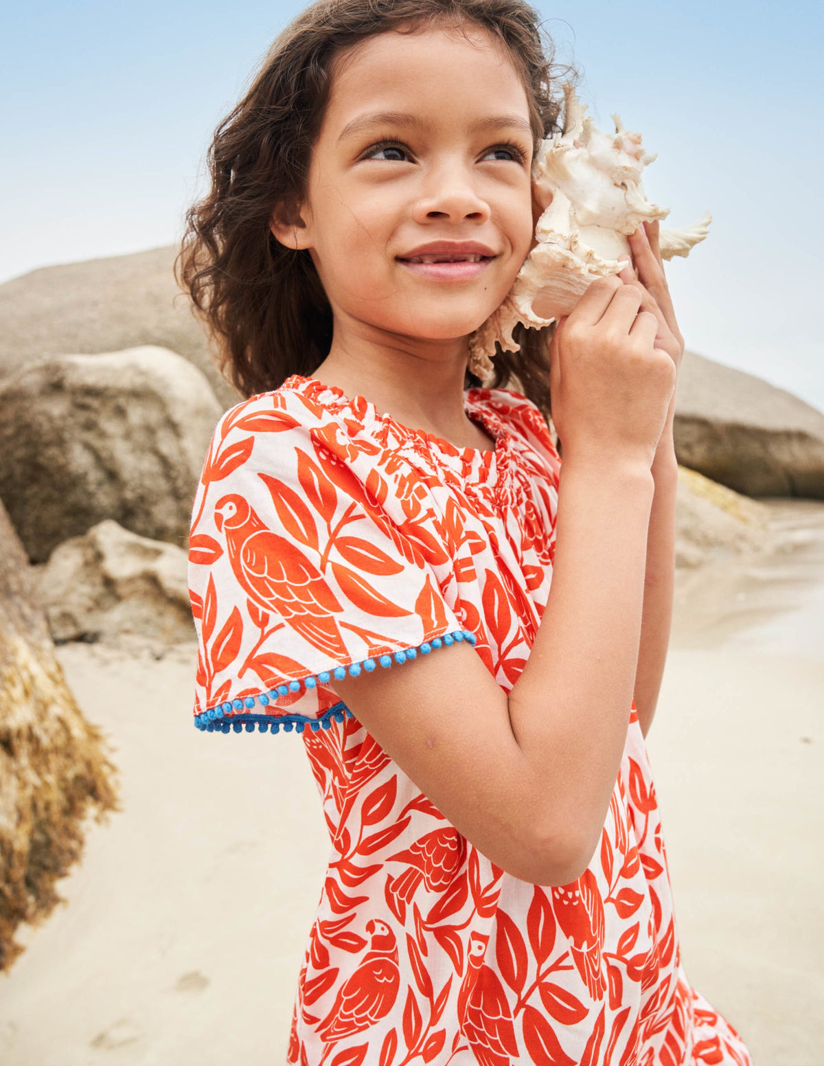 Smocked Printed Kaftan-Watermelon Red Parrot-5