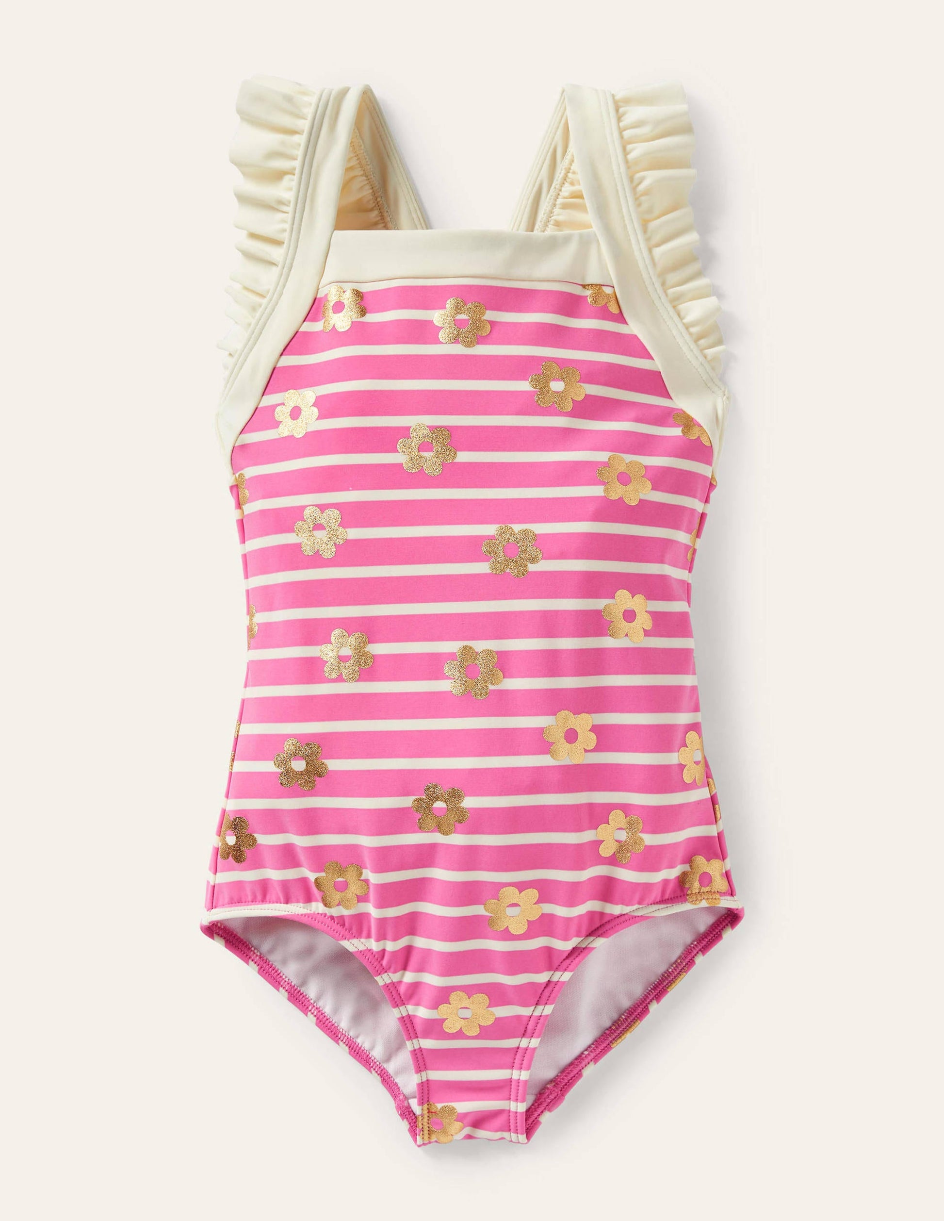 Frilly Cross-back Swimsuit-Strawberry Pink Foil Daisy-1