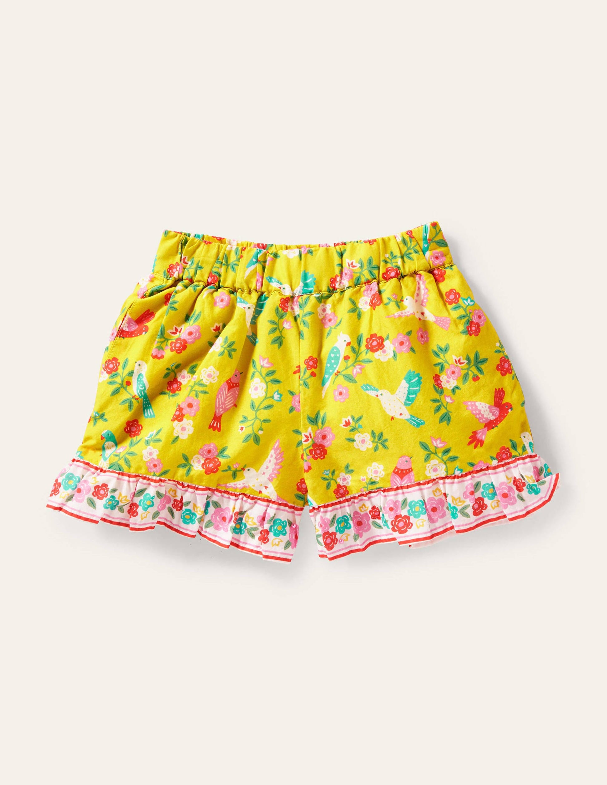 Frill Hem Printed Shorts-Sweetcorn Yellow Tropical-1